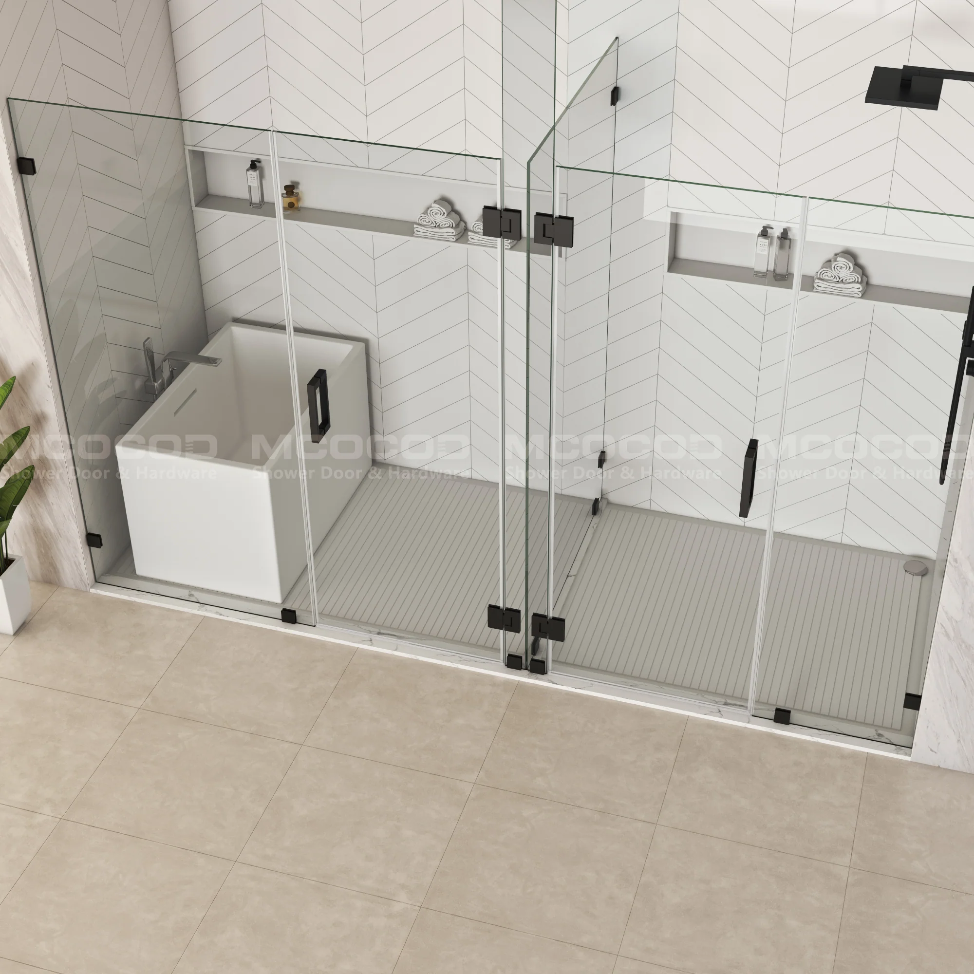 Customize for Large Openings Two Spaces Frameless Swing Shower Door - H06-02W - Keen Glass Solutions