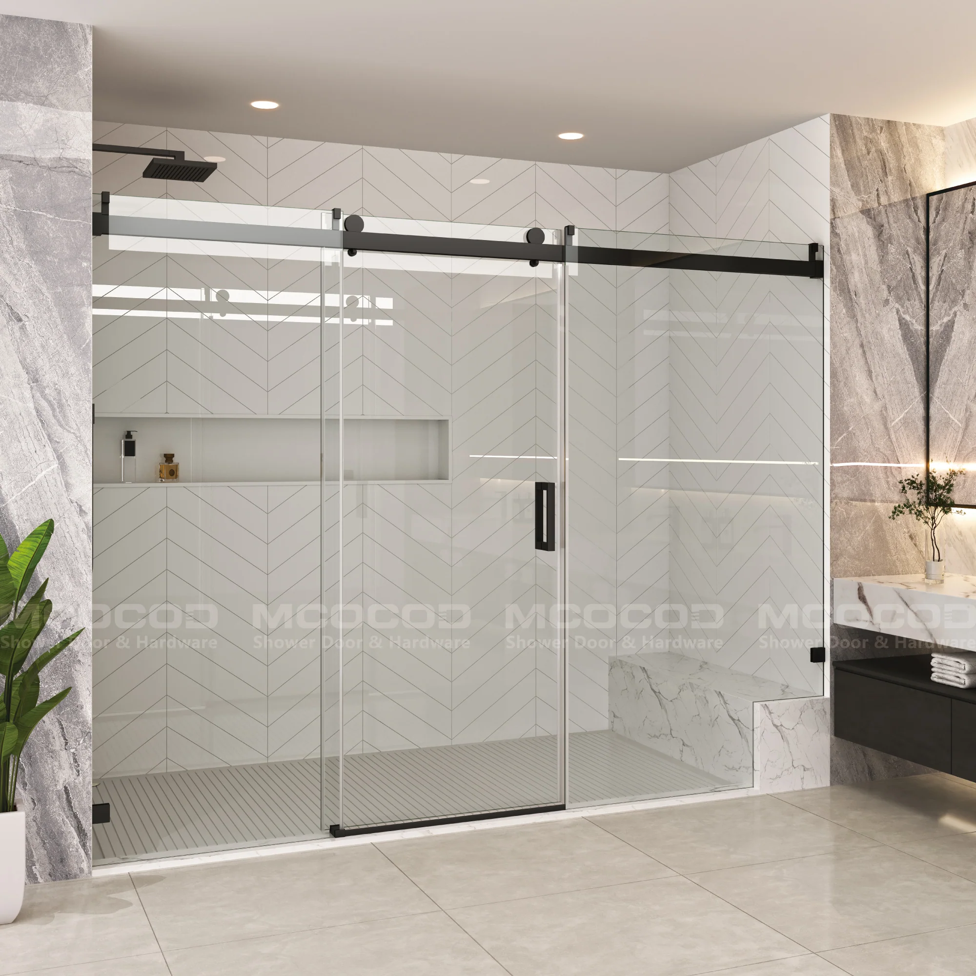 Customize for Large Openings Spaces Soft-Closing Single Sliding Frameless Shower Door - SS08-3A - Keen Glass Solutions