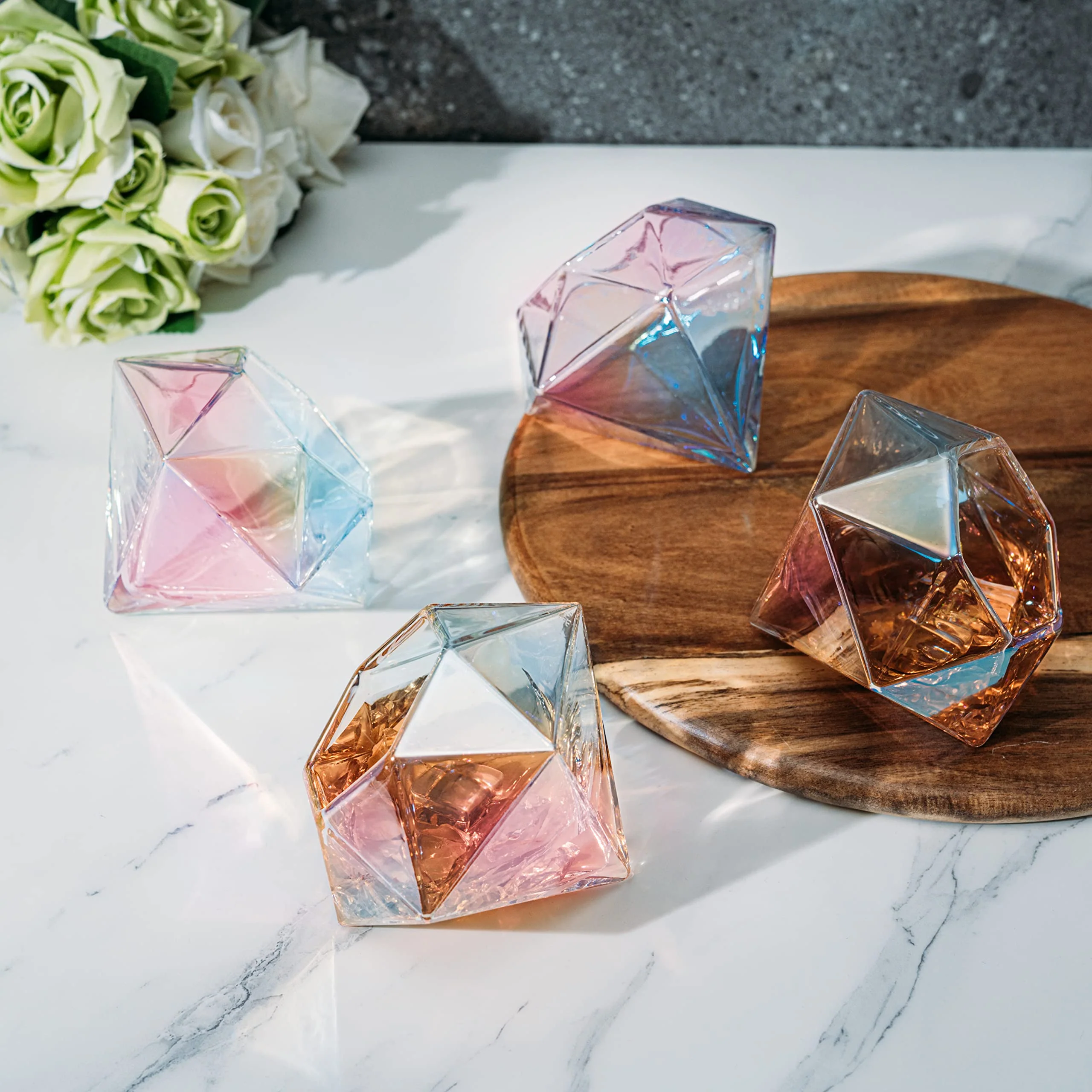 Set of 4 Diamond Whiskey & Wine Glasses 10oz (Iridescent) - Keen Glass Solutions