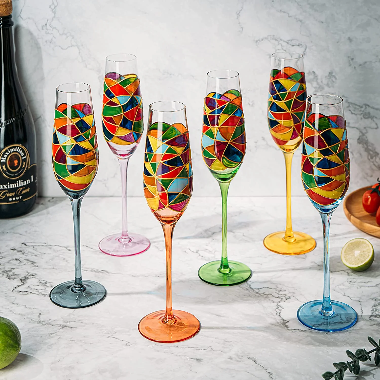 Stained Glass Champagne Flutes Set of 6 Hand Painted - Keen Glass Solutions