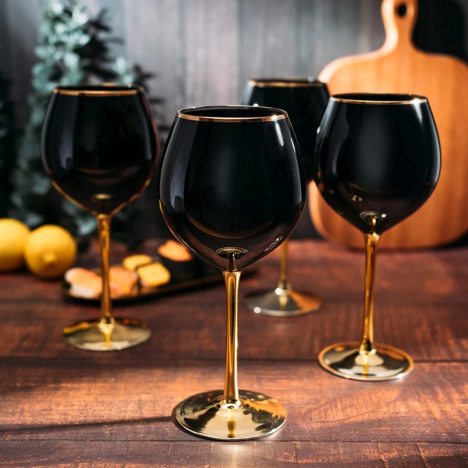 The Wine Savant Set of 4 Black Wine Glasses Gold Stemmed 14 oz - Keen Glass Solutions