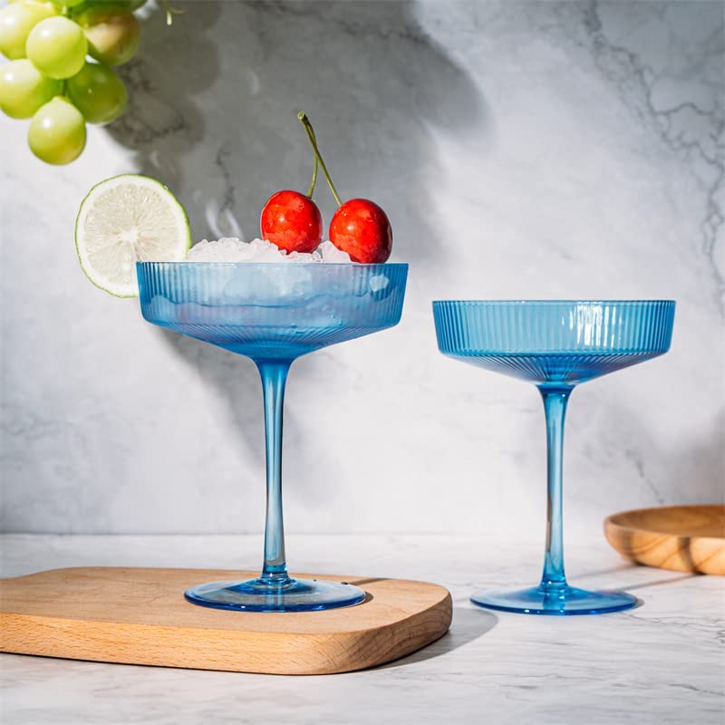 Ribbed Coupe Cocktail Glasses 8 oz | Set of 2 (Blue) - Keen Glass Solutions