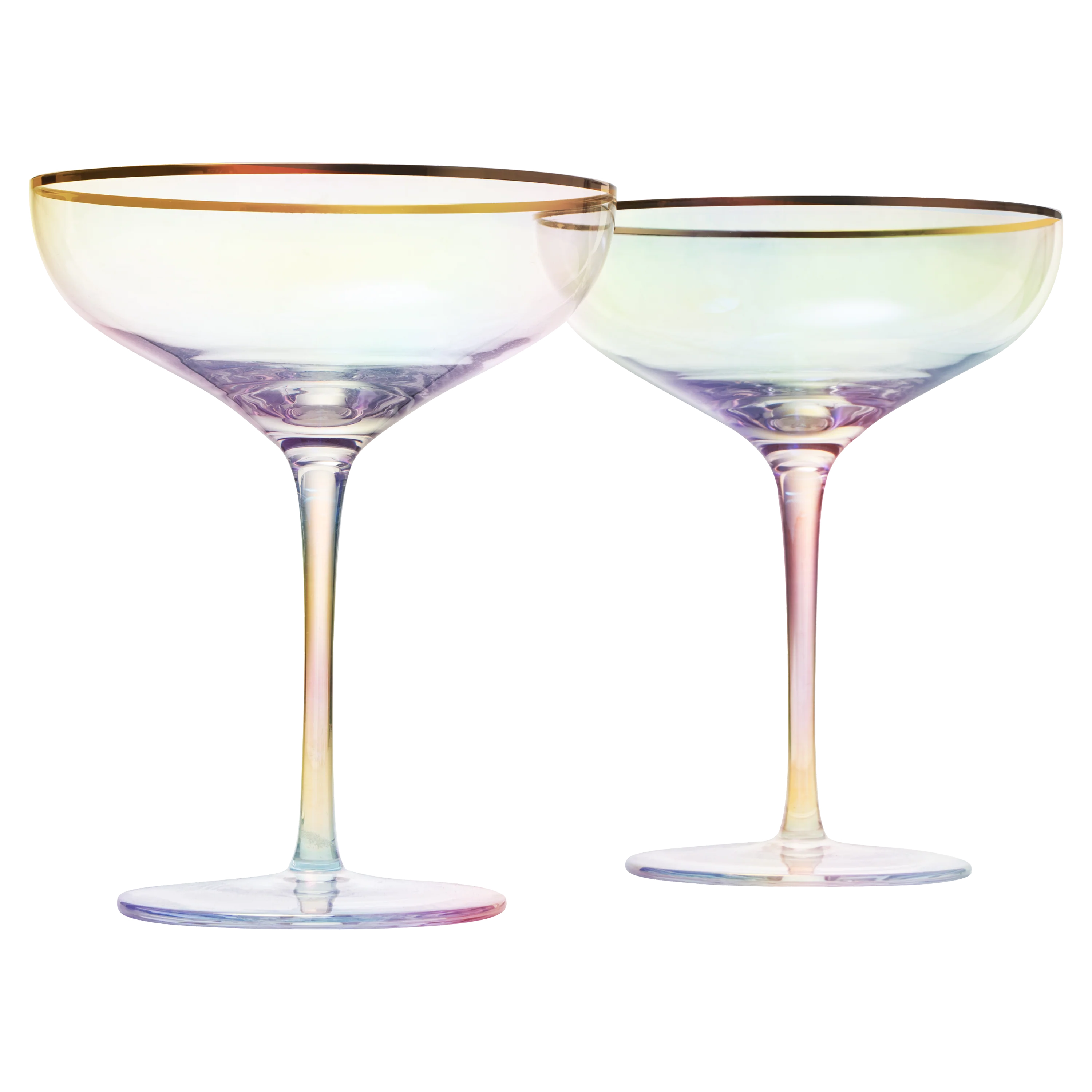 Iridescent Colored Gilded Rim Coupe Glass, 2-Set Large 9oz - Keen Glass Solutions