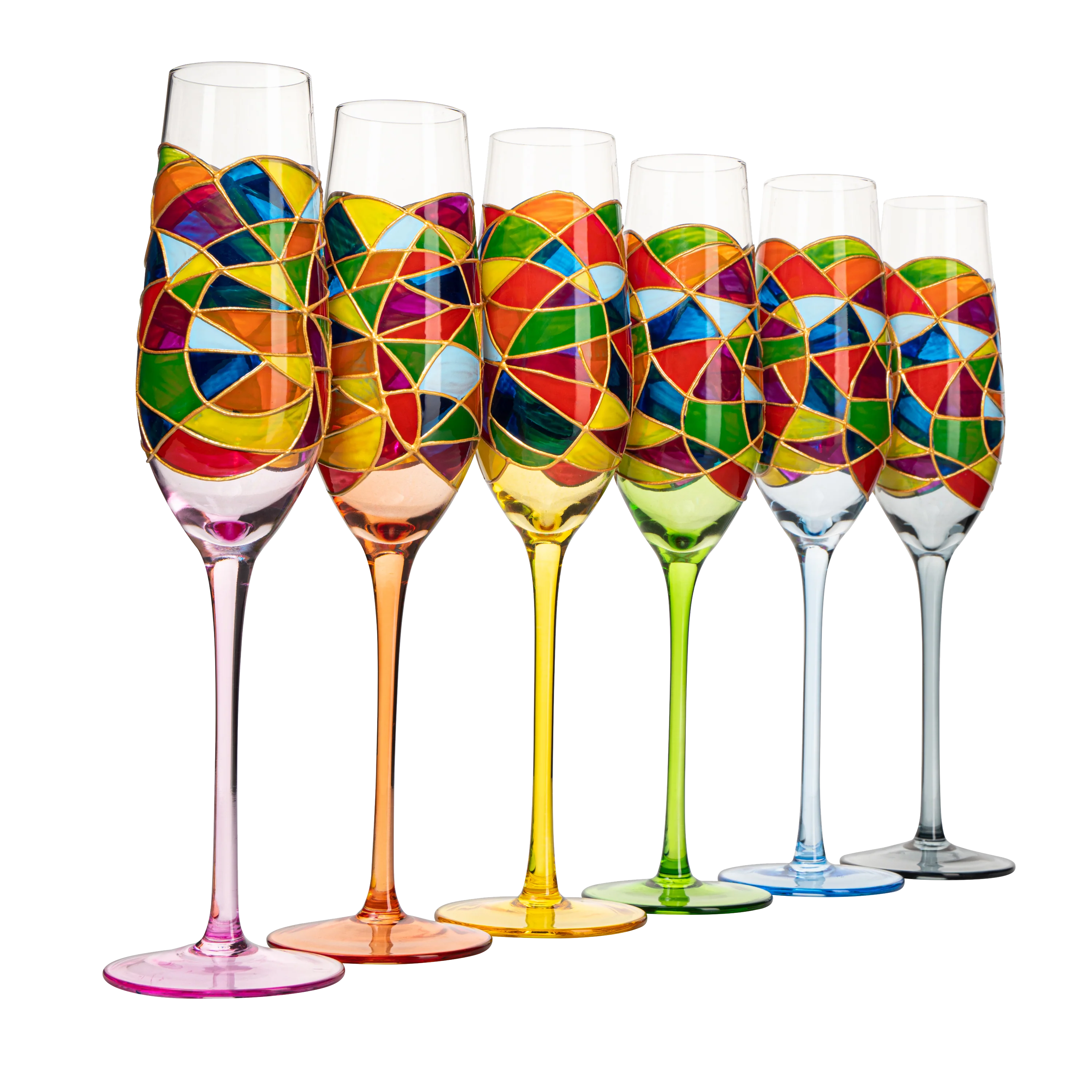 Stained Glass Champagne Flutes Set of 6 Hand Painted - Keen Glass Solutions
