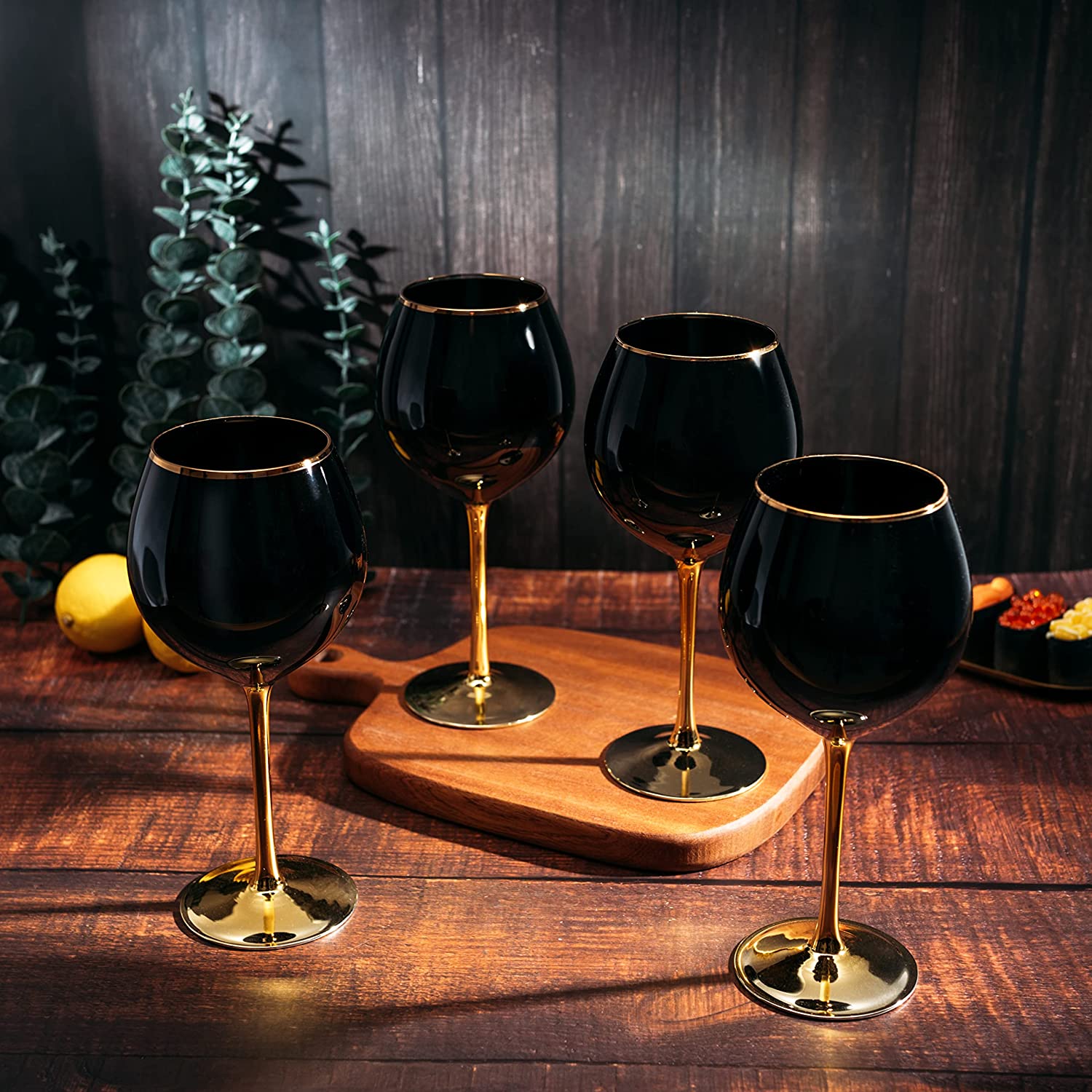 The Wine Savant Set of 4 Black Wine Glasses Gold Stemmed 14 oz - Keen Glass Solutions