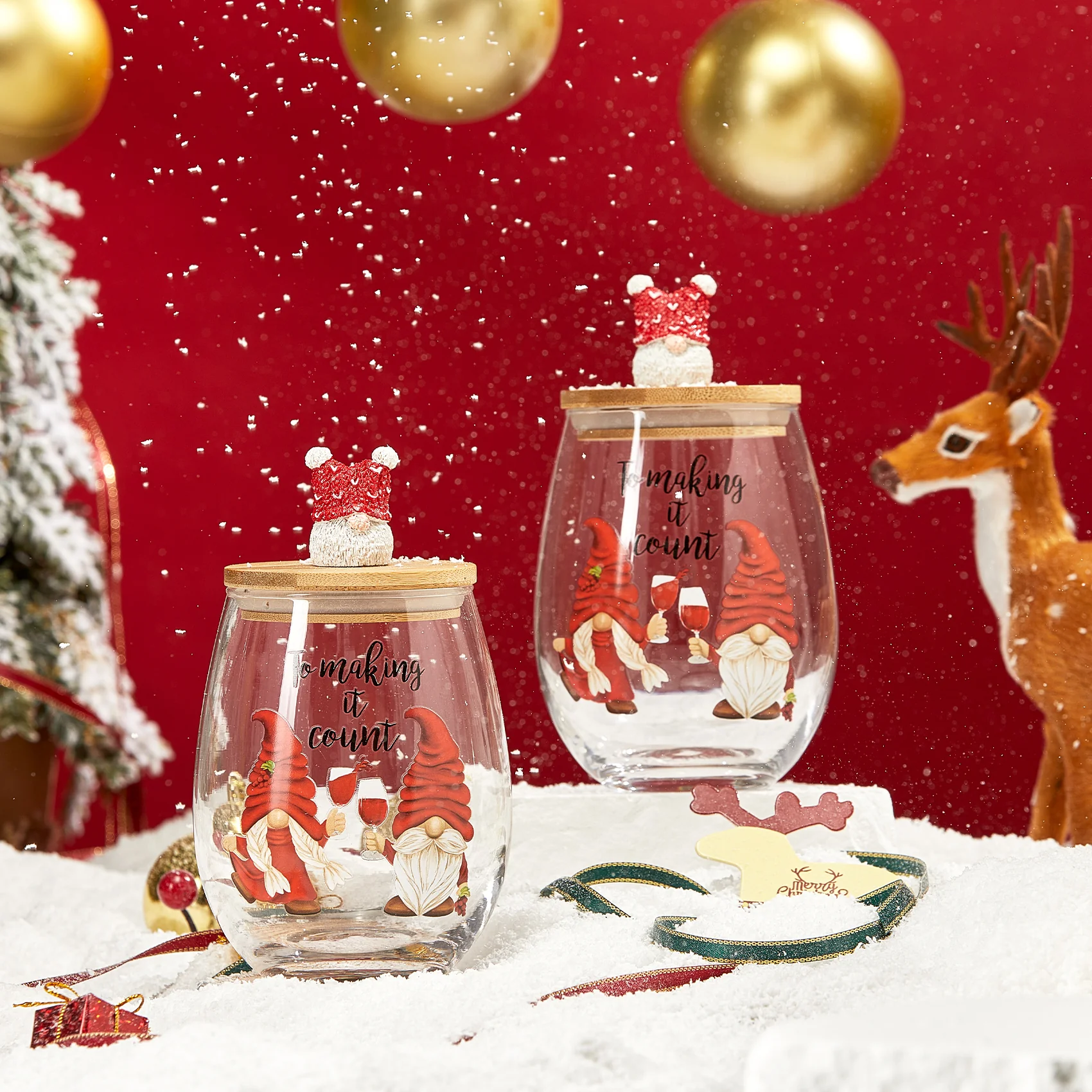Christmas Gnome Wine & Water Glasses With Dwarf Wood Cover - Set of 2-17.5oz - Keen Glass Solutions