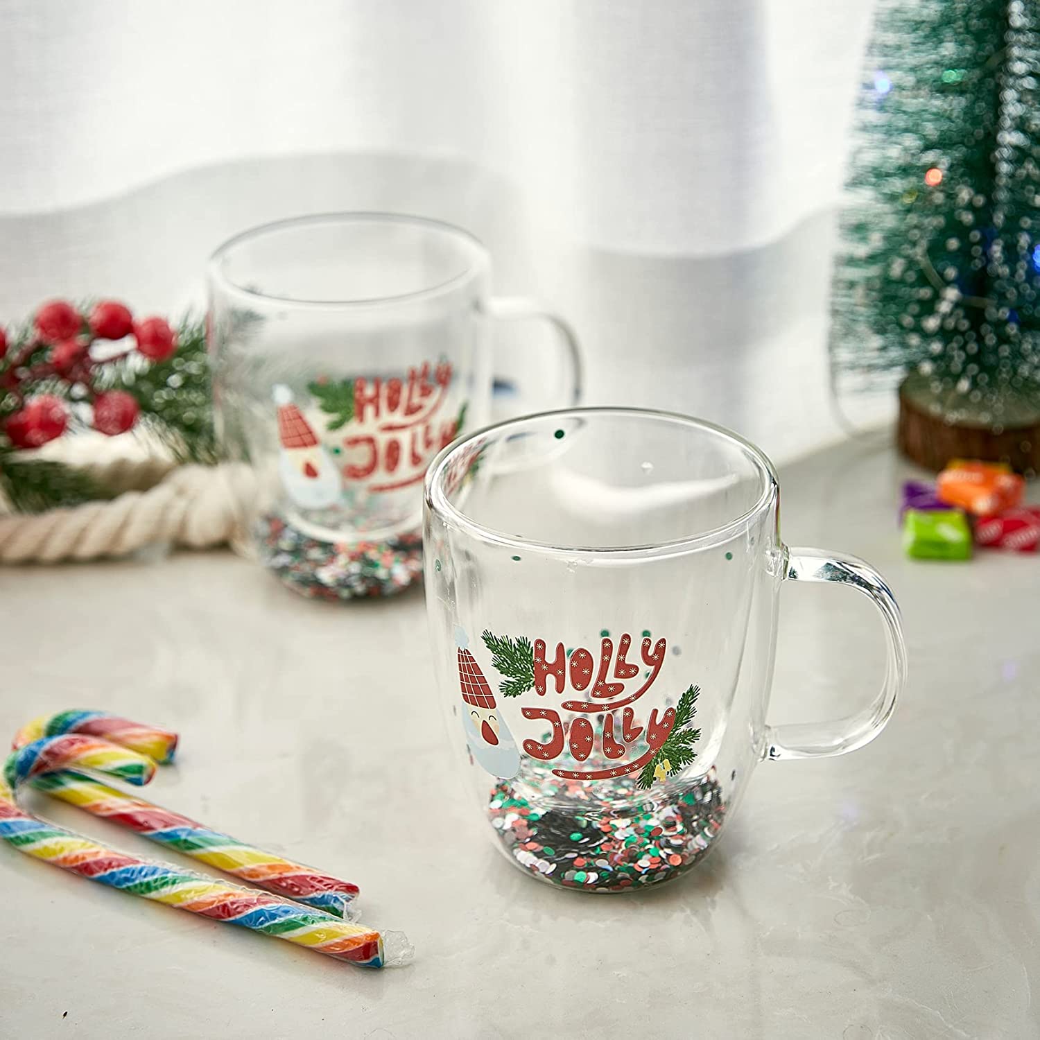 Set of 2 Holly Jolly Christmas Design Tumbler Mugs - 9.5 oz - Keen Glass Solutions