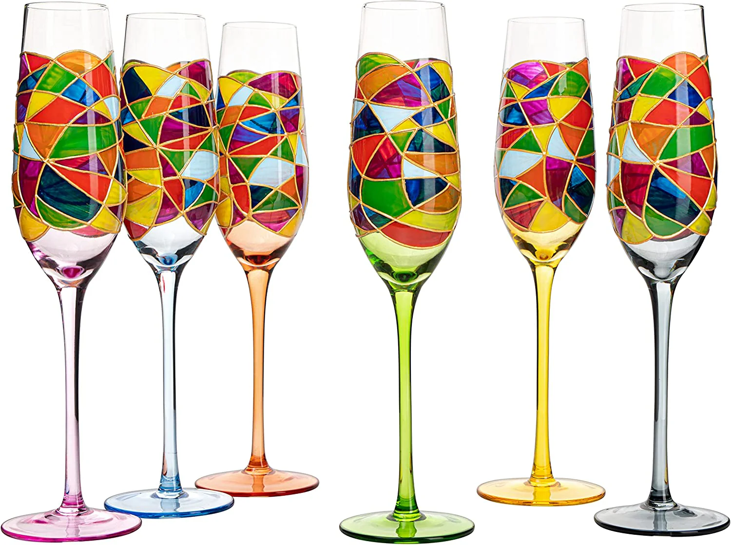 Stained Glass Champagne Flutes Set of 6 Hand Painted - Keen Glass Solutions
