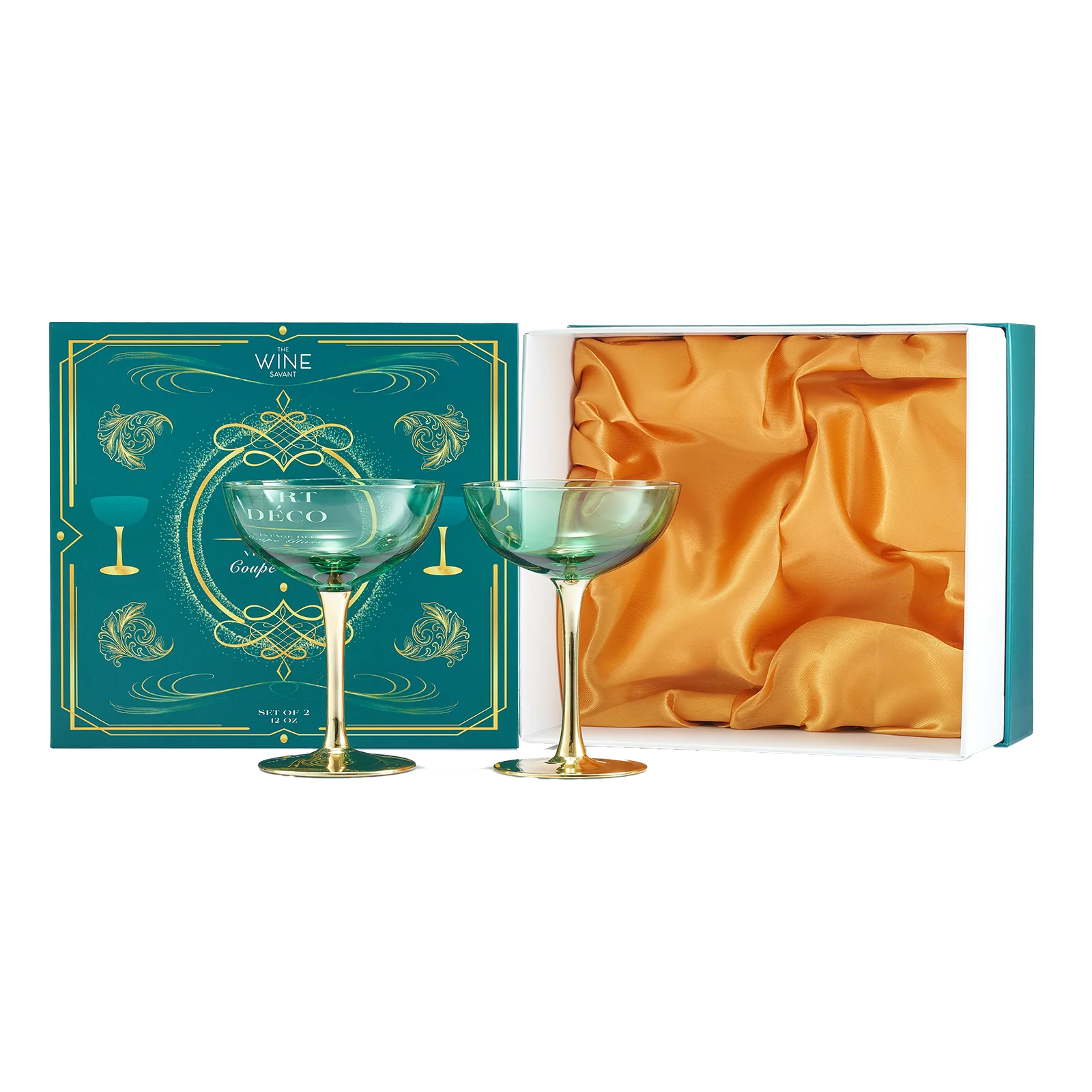 Colored Coupe Art Deco Glasses, Gold | Set of 2 | 12 oz - Keen Glass Solutions