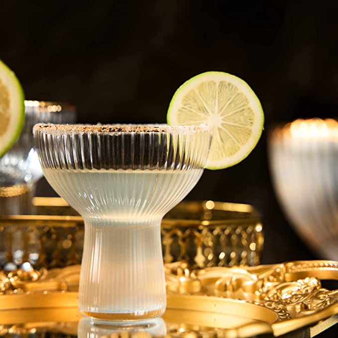 Ribbed Stemless Margarita Glasses with Gold Rim - Set of 4 (10 OZ) - Keen Glass Solutions