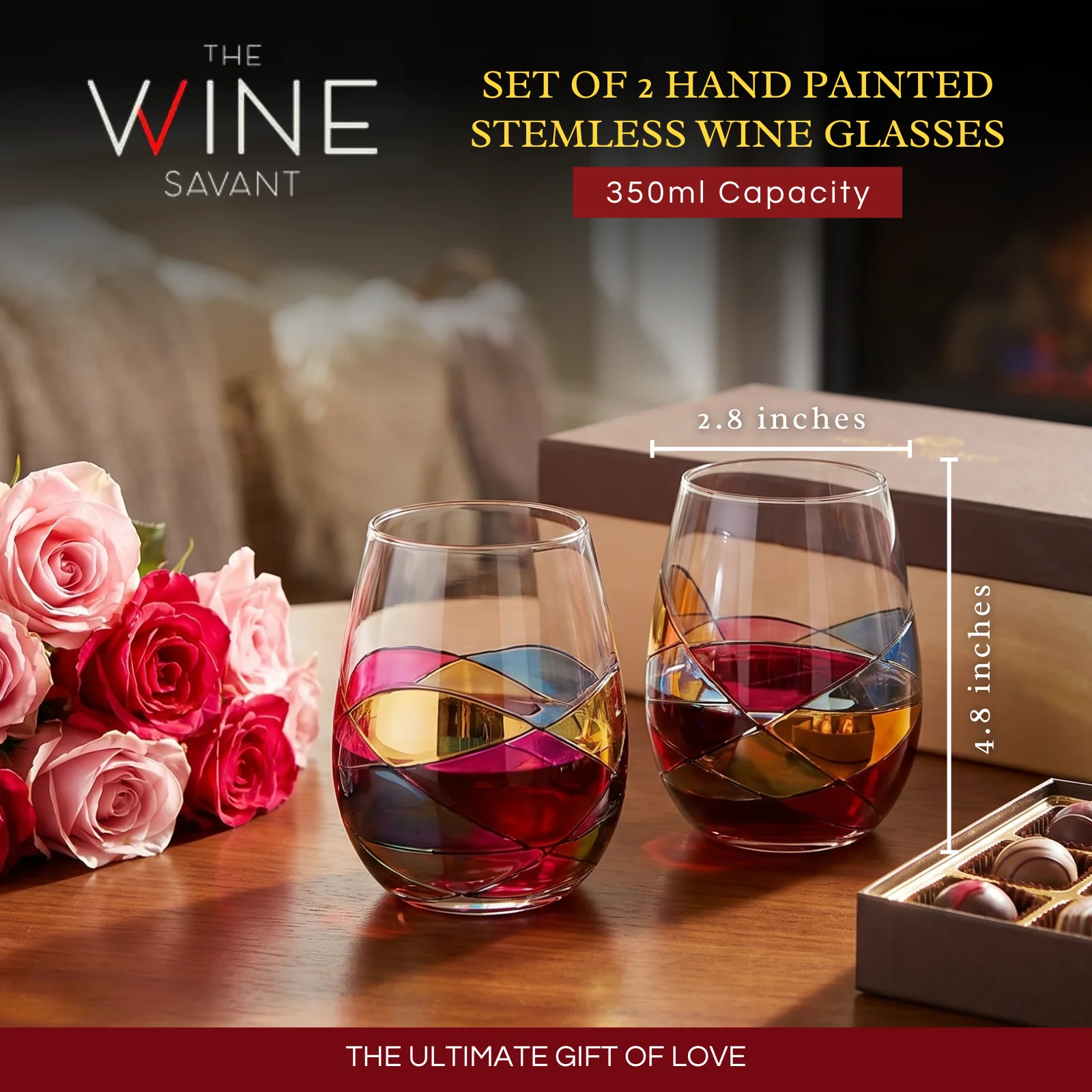 Artisanal Hand Painted Stemless - Windows Wine Glasses Set of 2 - Keen Glass Solutions