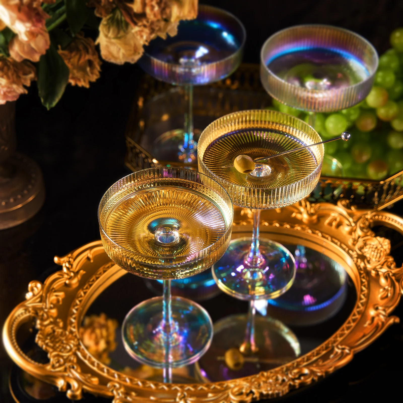 Ribbed Coupe Cocktail Glasses 8 oz | Set of 4 (Iridescent) - Keen Glass Solutions