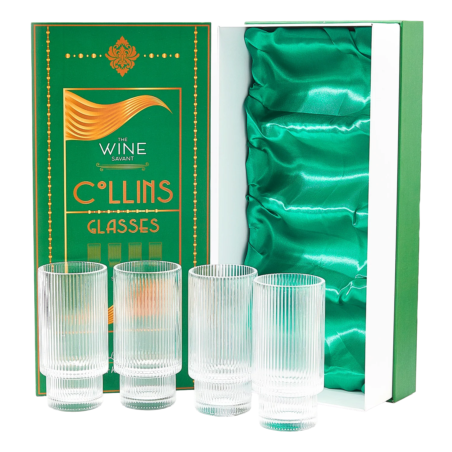 Vintage Art Deco Crystal Highball Ribbed Glass Set of 4 - 14oz - Keen Glass Solutions