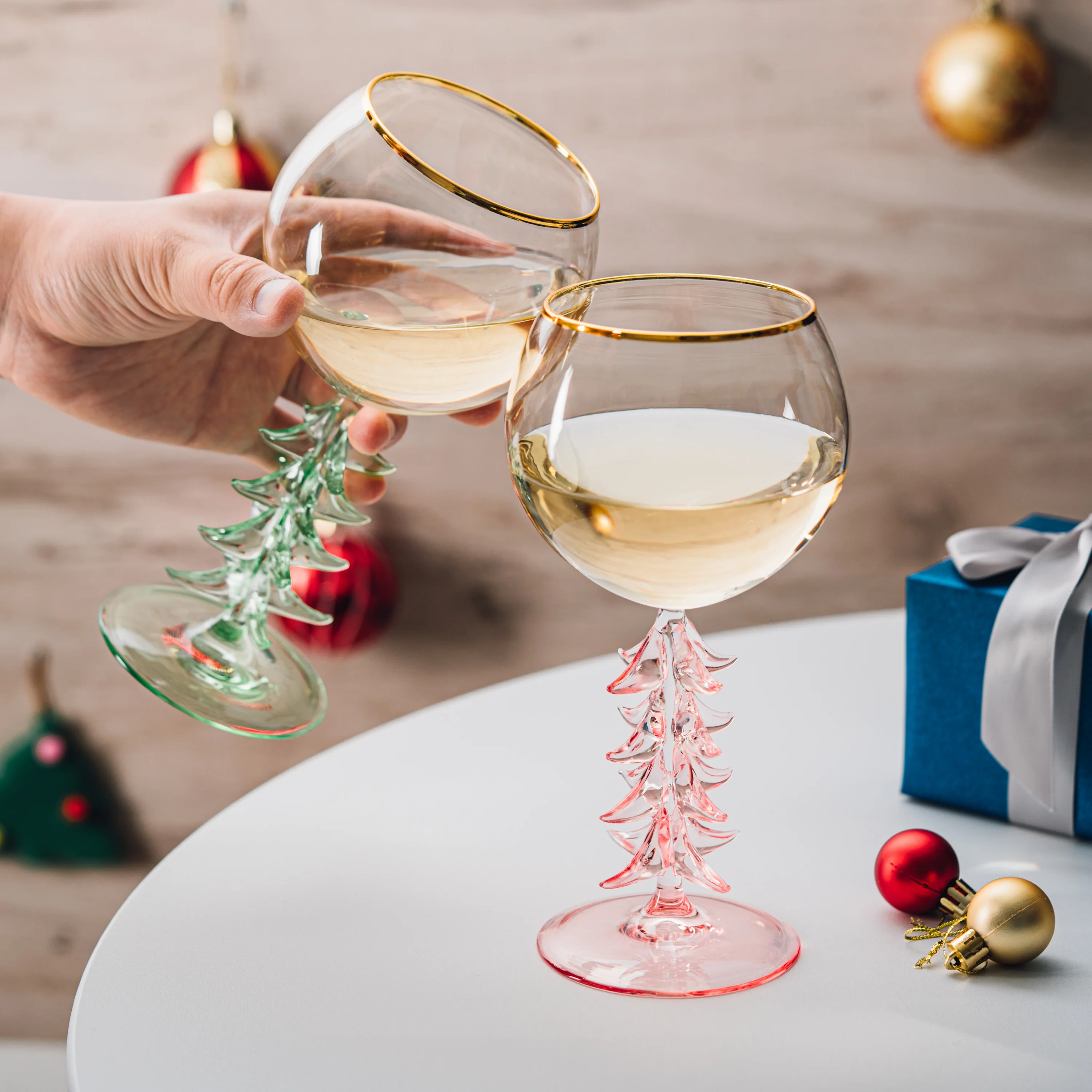 Crystal Christmas Holiday Tree Stemmed Wine Glass - Pink & Green - 12oz - Keen Glass Solutions
