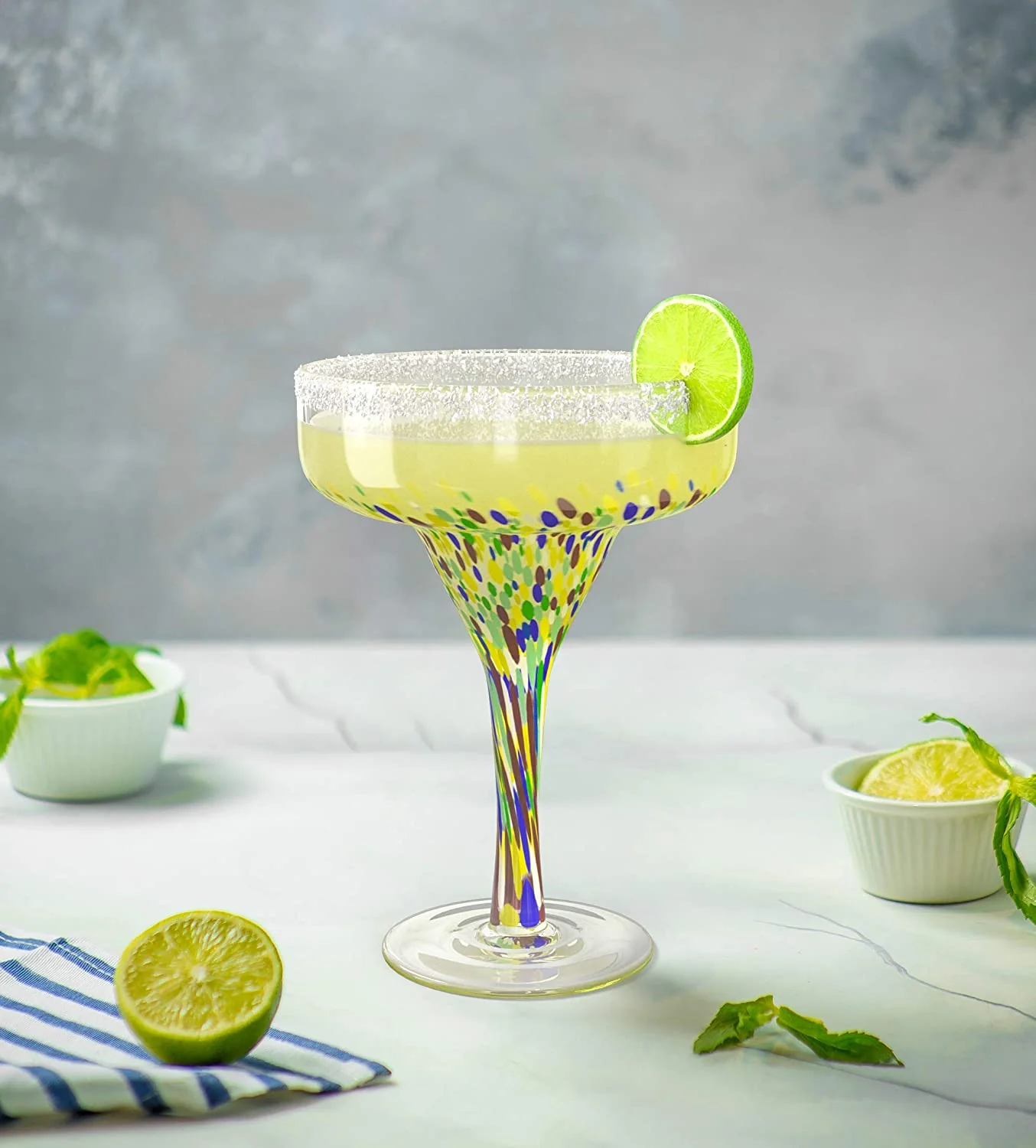 Mexican Design Hand Blown Margarita Glass – Set of 4 (Confetti Margarita) - Keen Glass Solutions