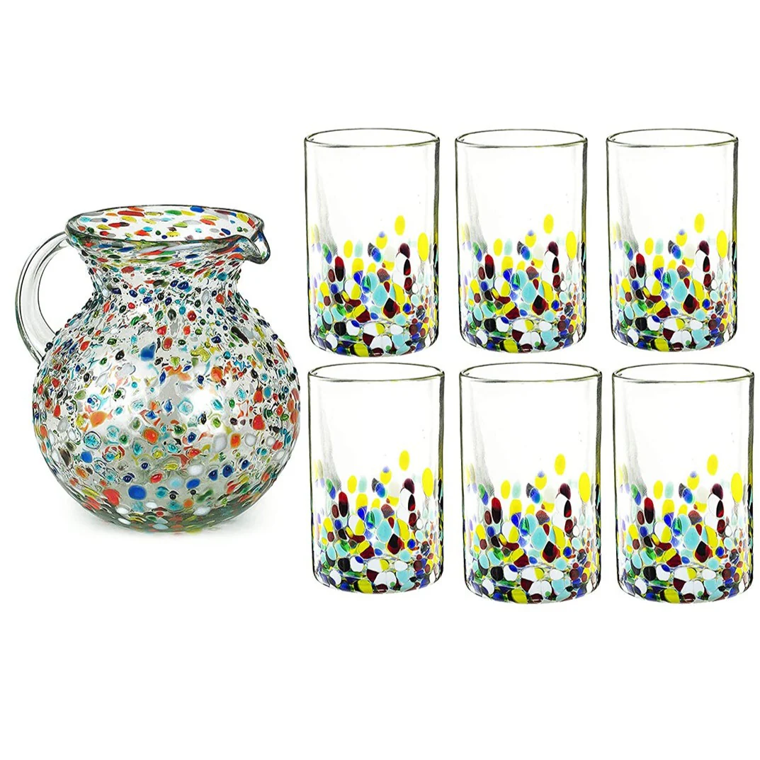 Hand Blown Mexican Drinking Glasses and Pitcher – Set of 6 (Confetti) - Keen Glass Solutions