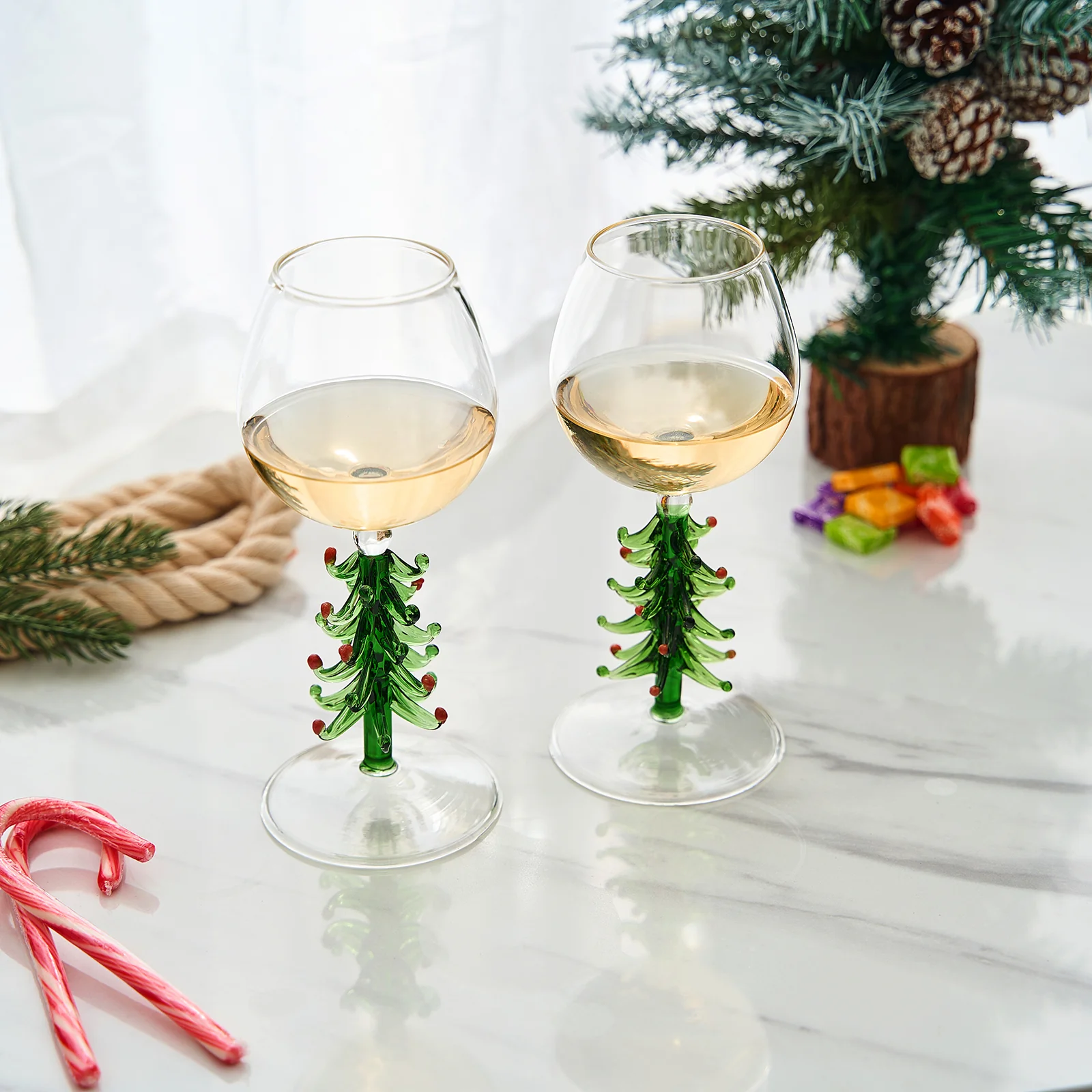 Crystal Green Christmas Tree Wine Glasses - Set of 2, 10oz - Keen Glass Solutions