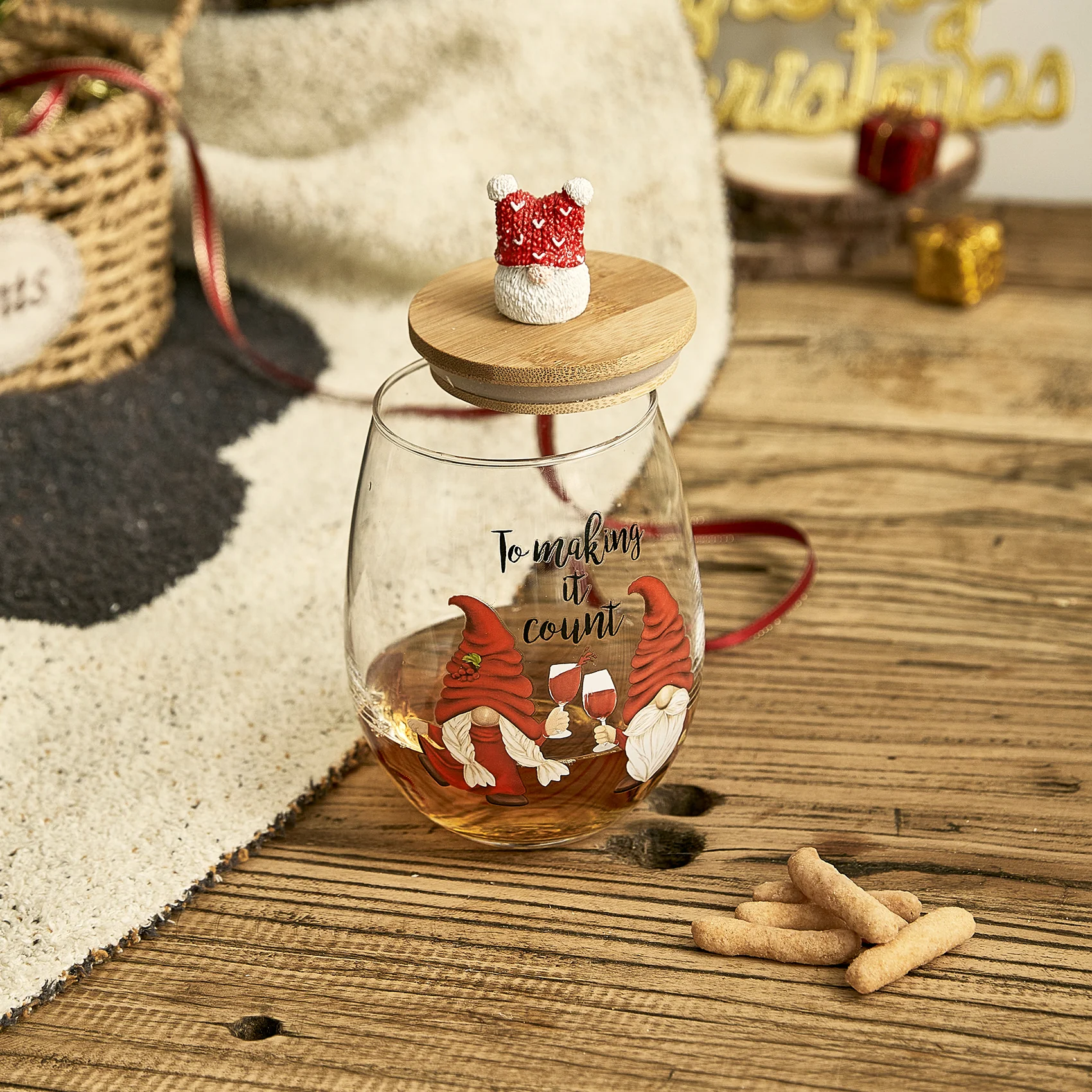 Christmas Gnome Wine & Water Glasses With Dwarf Wood Cover - Set of 2-17.5oz - Keen Glass Solutions