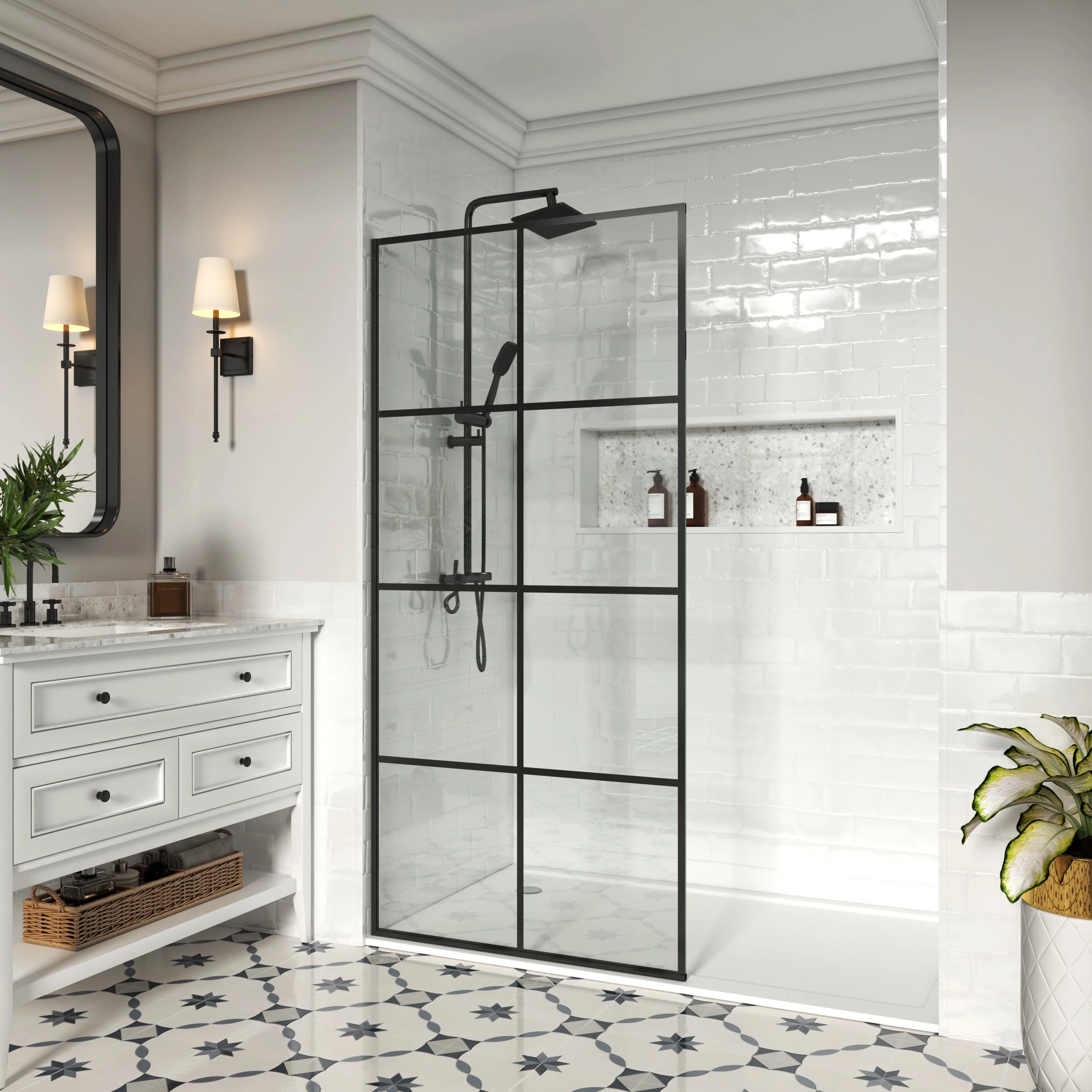 French Fixed Screen Shower Door in Matte Black with Grid Glass - W01C - Keen Glass Solutions