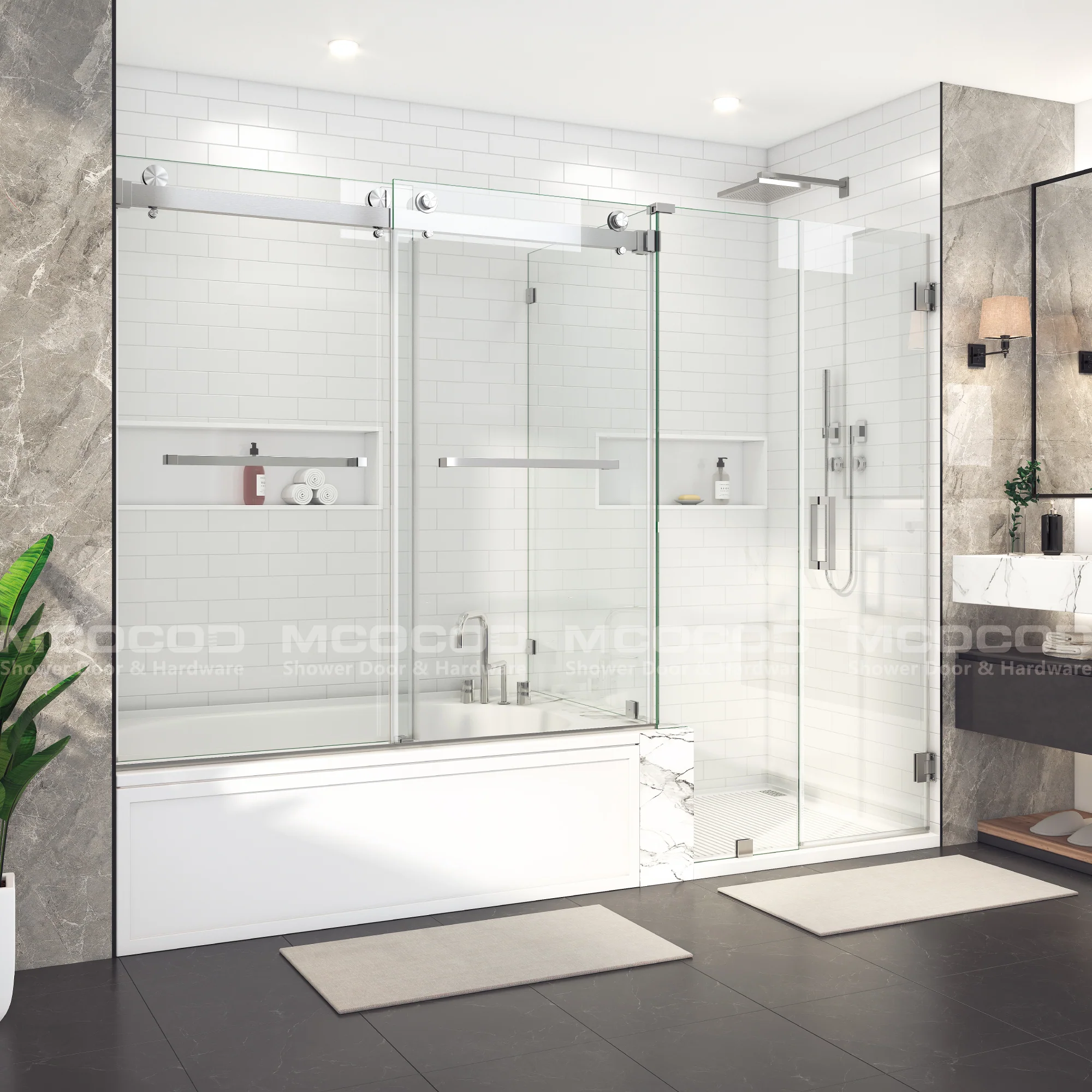 Customize Large Openings Spaces DS01+H06-04 for Double Sliding Bathtub Shower Door and Frameless Swing Glass Door - Keen Glass Solutions