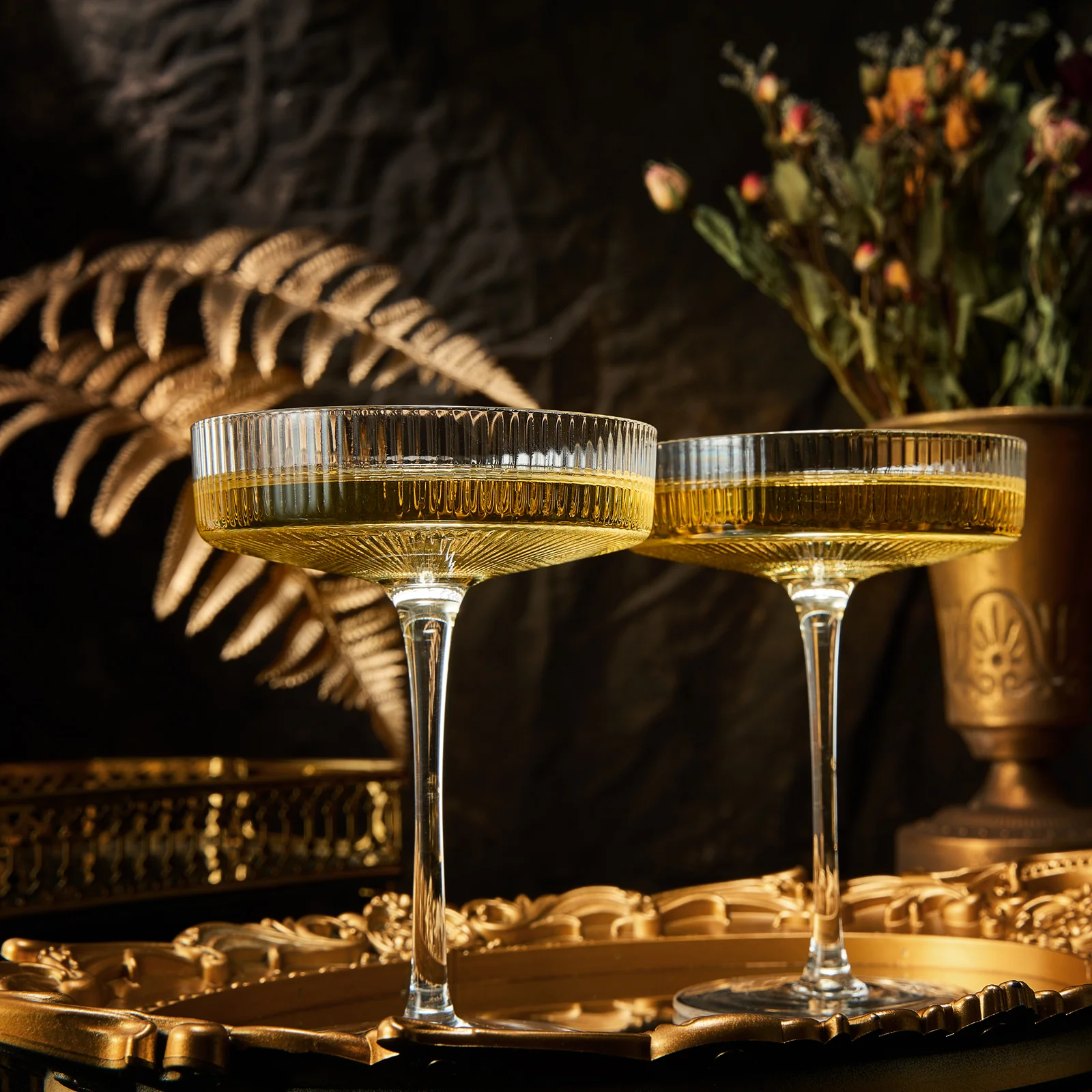 Vintage Art Deco Coupe Glasses Ribbed Coupe 8 oz | Set of 2 - Keen Glass Solutions