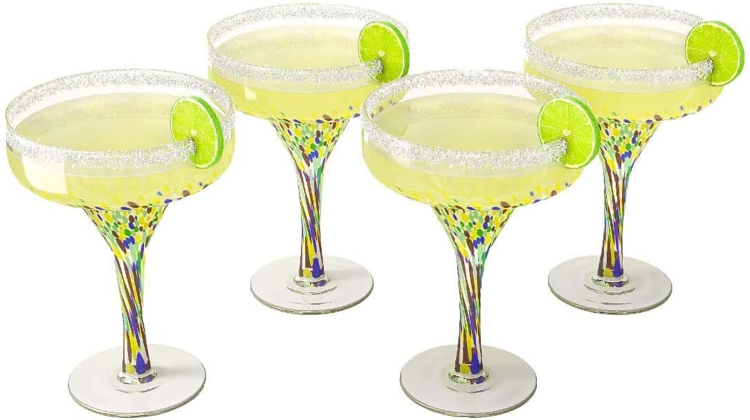 Mexican Design Hand Blown Margarita Glass – Set of 4 (Confetti Margarita) - Keen Glass Solutions
