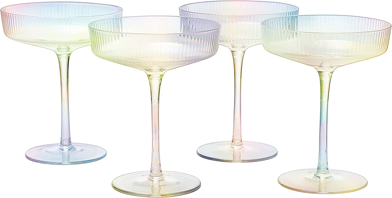 Ribbed Coupe Cocktail Glasses 8 oz | Set of 4 (Iridescent) - Keen Glass Solutions