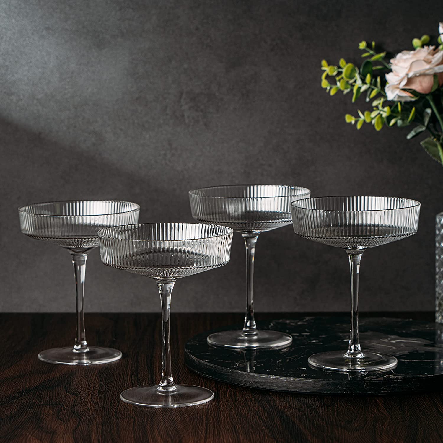 Ribbed Coupe Cocktail Glasses 8 oz | Set of 4 (Clear) - Keen Glass Solutions