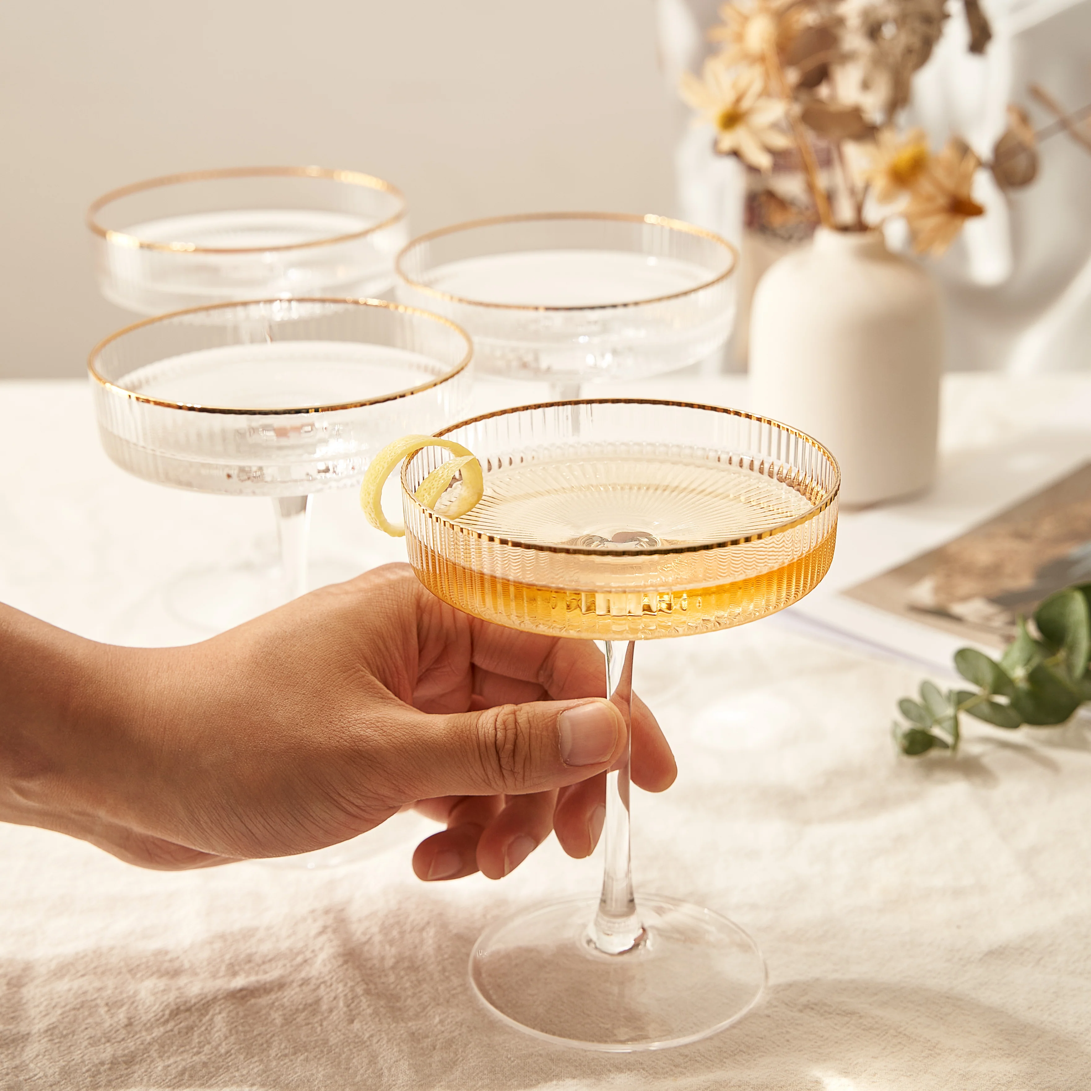 Ribbed Coupe Cocktail Glasses With Gold Rim 8 oz | Set of 4 - Keen Glass Solutions