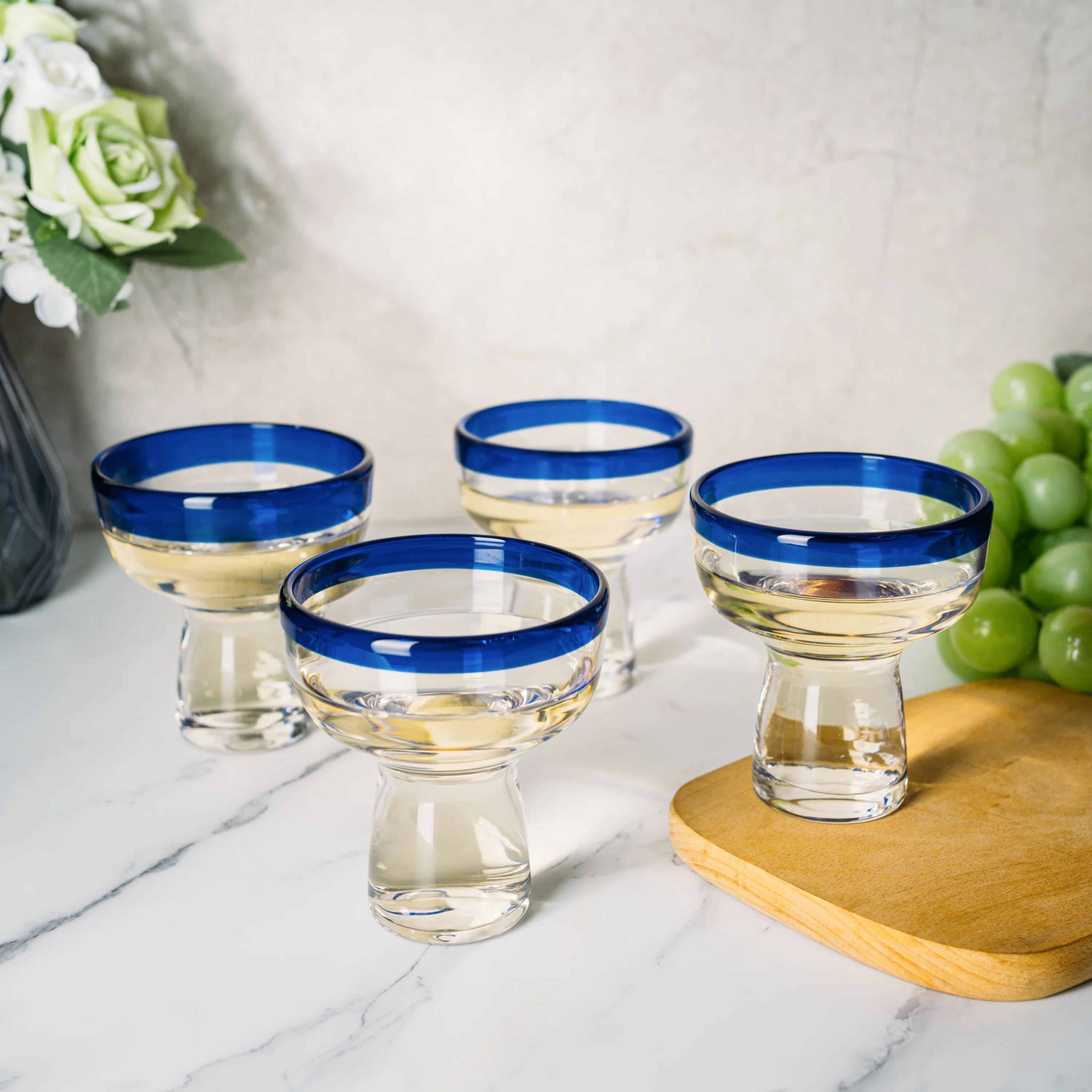 Mexican Hand Blown Blue Rim Margarita Glasses - Set of 4 - Keen Glass Solutions