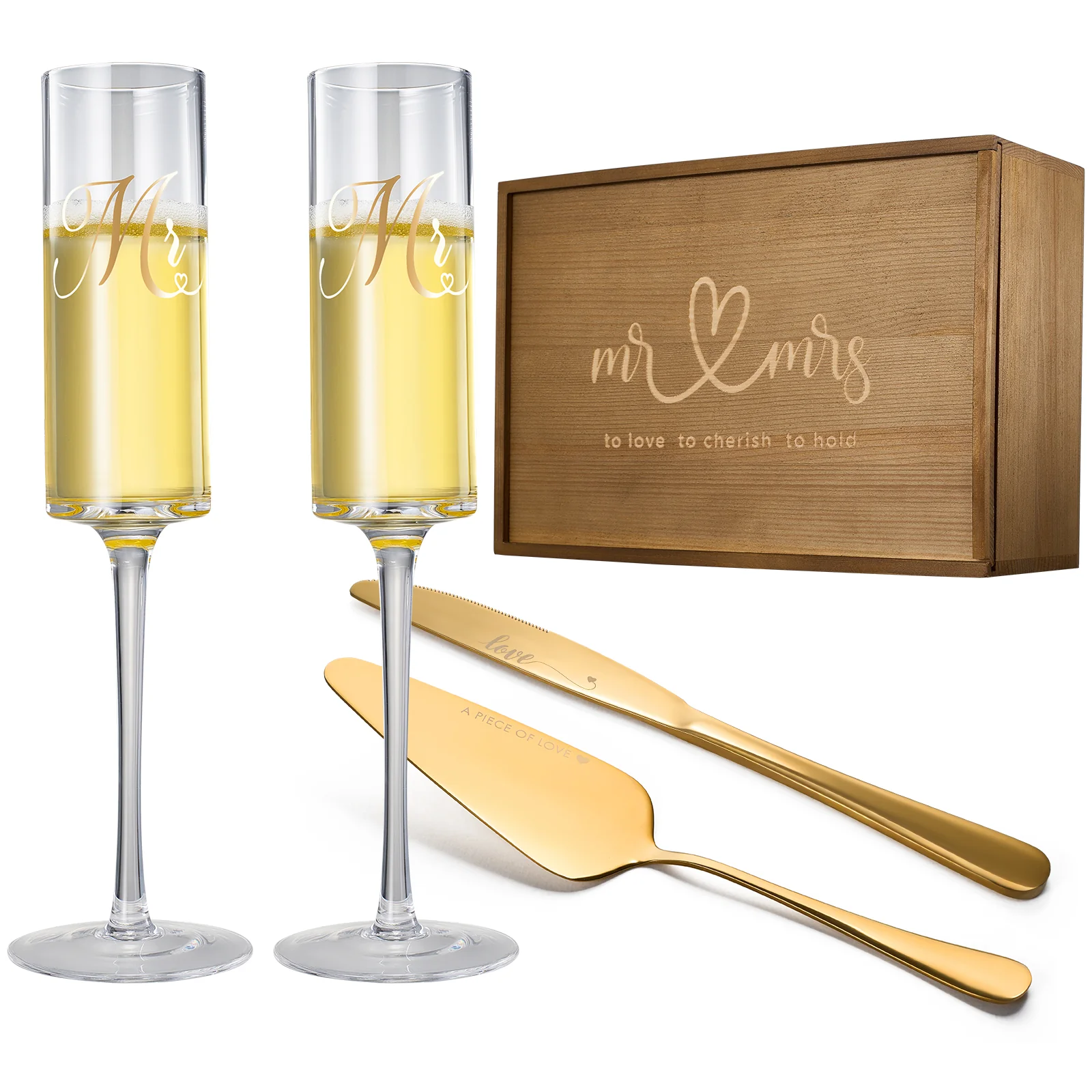 Wedding, Bridal Mr & Mrs Champagne Flutes Gift | Set of 2 (Gold) - Keen Glass Solutions