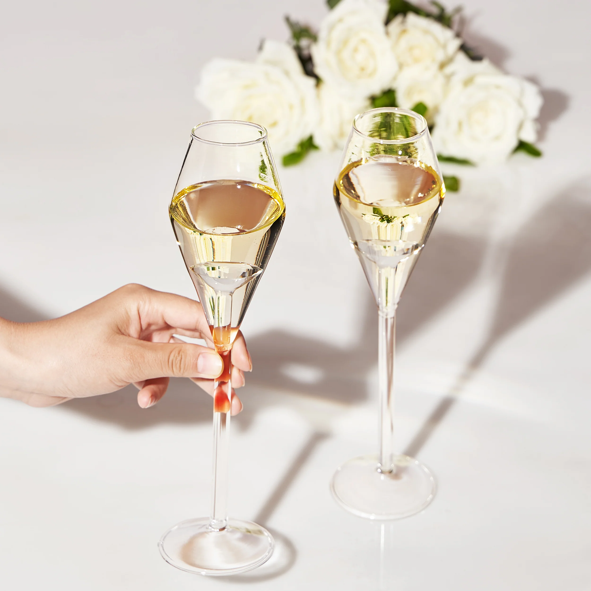 Champagne Flute Glassware | Set of 2, 7.8 OZ | Diamond Stemmed Glass - Keen Glass Solutions
