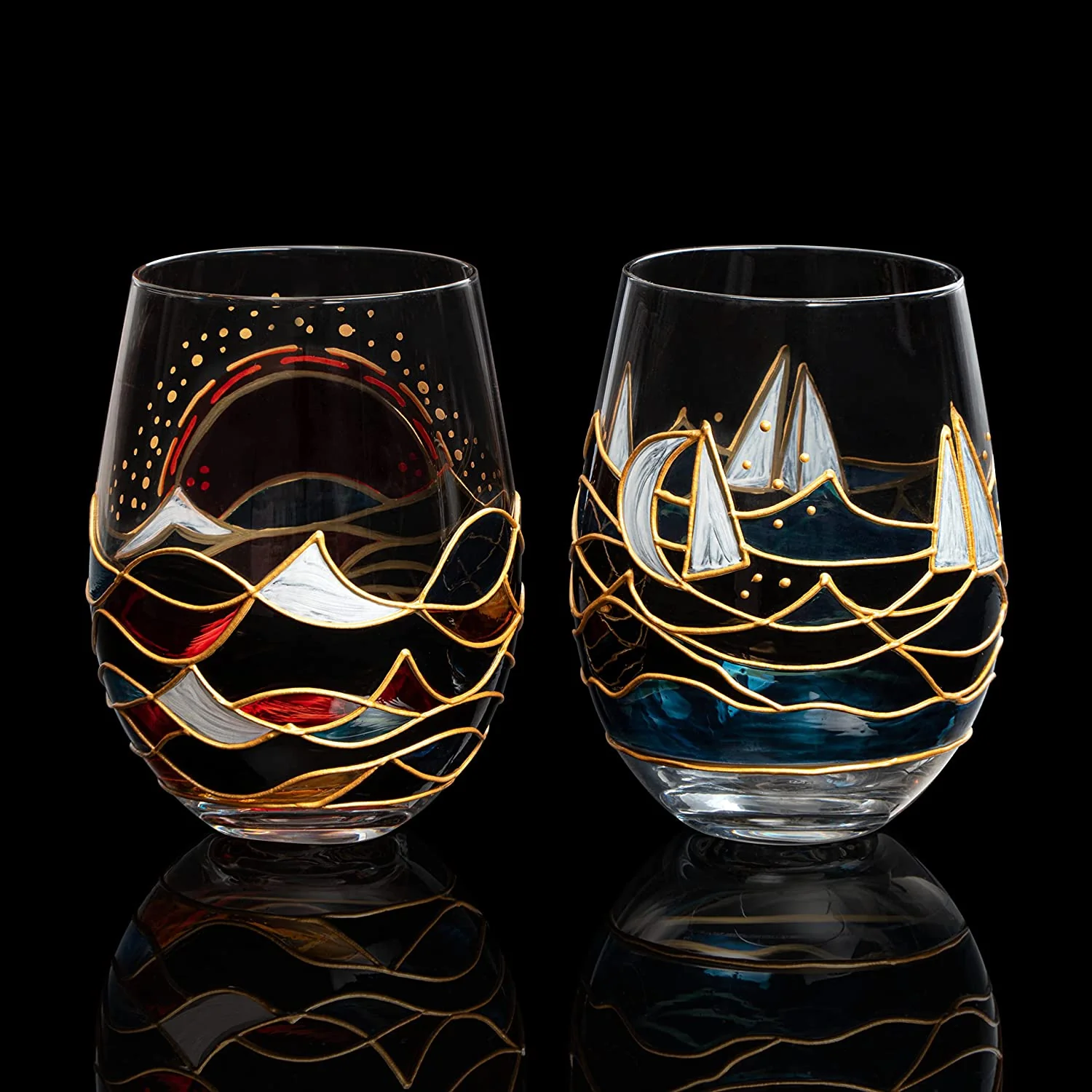 Artisanal Hand Painted Sunrise Glasses, Stemless Set of 2 - Keen Glass Solutions