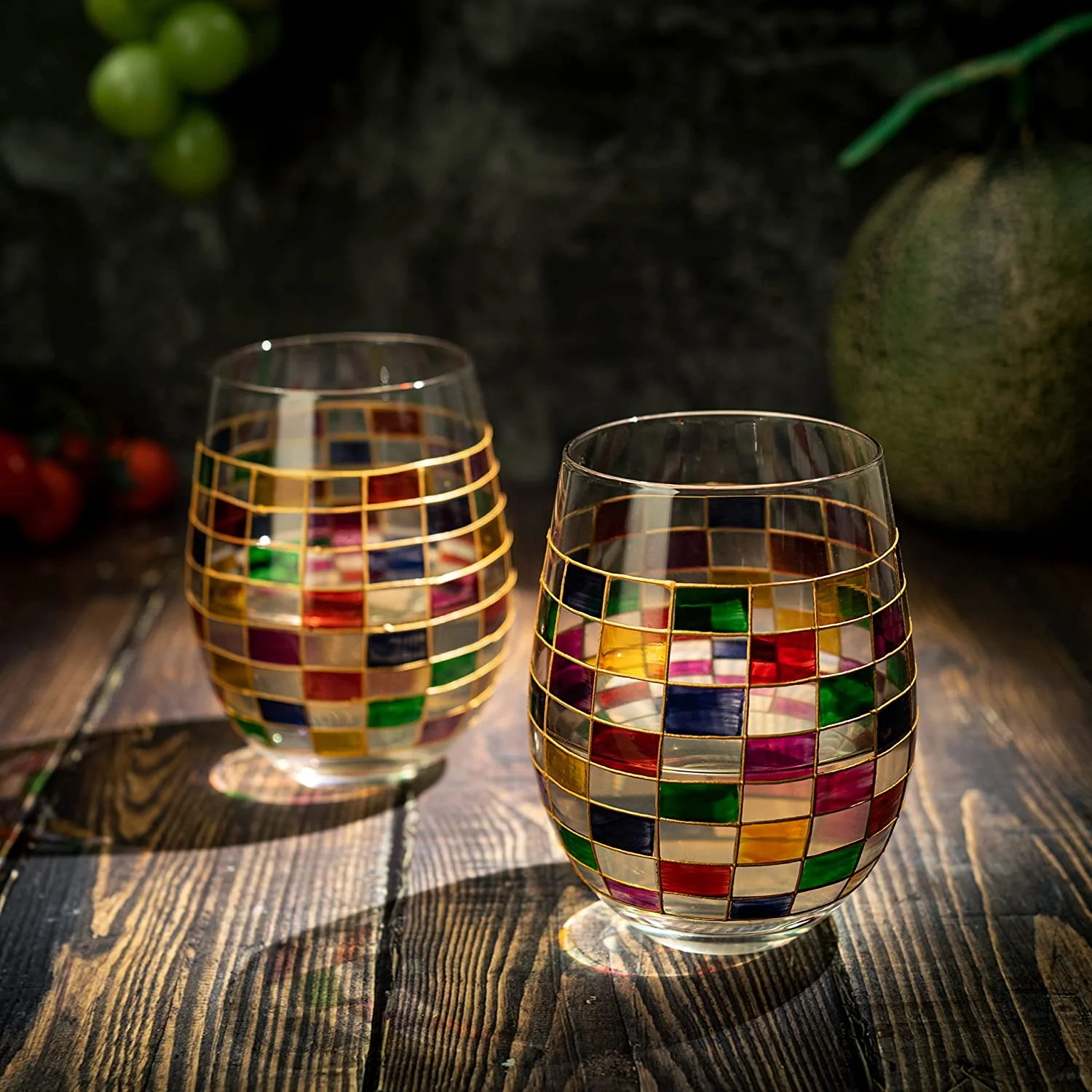 Renaissance Stained Wine Glasses Set of 2 (Stemless) - Keen Glass Solutions
