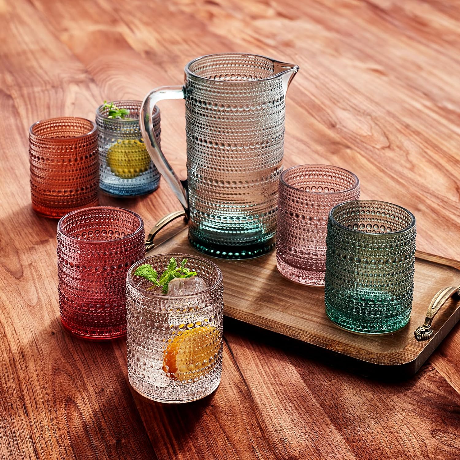 Hobnail Beaded Pitcher & Tumbler Glasses Set | Set of 6 - Keen Glass Solutions