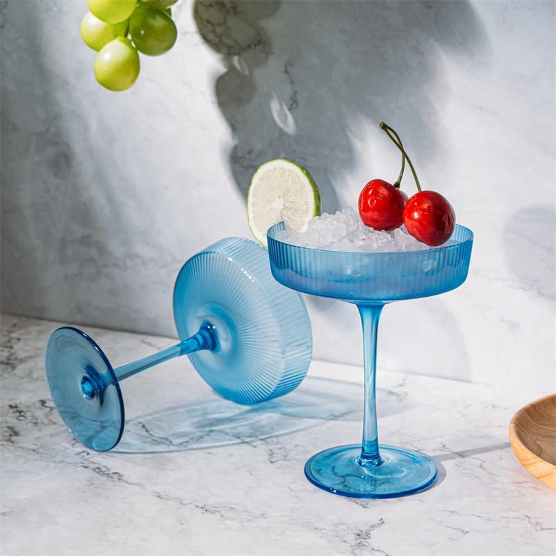 Ribbed Coupe Cocktail Glasses 8 oz | Set of 2 (Blue) - Keen Glass Solutions