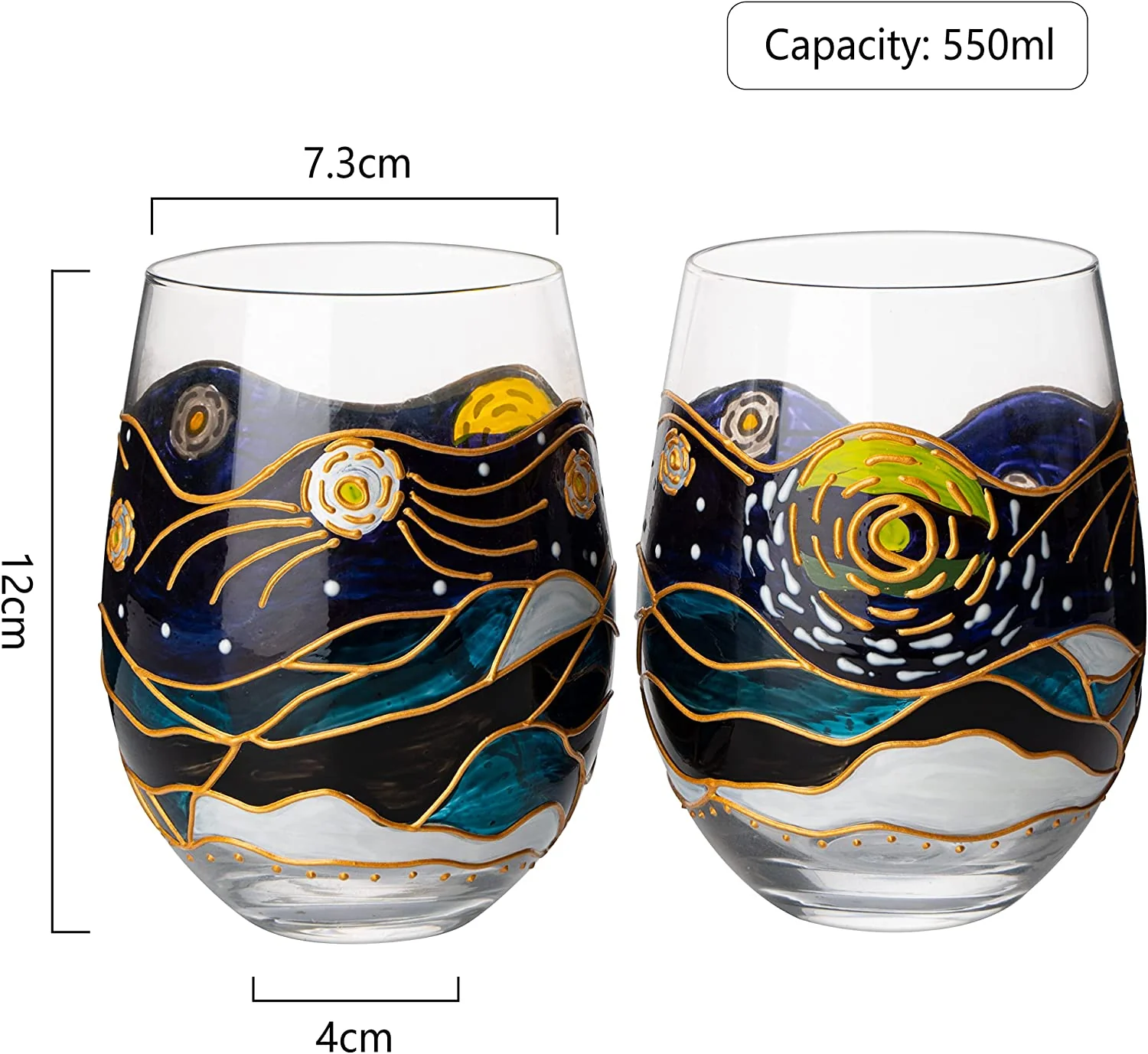 Vincent Van Gogh Wine Glasses Artisanal Hand Painted Stemless Set of 2 - Keen Glass Solutions