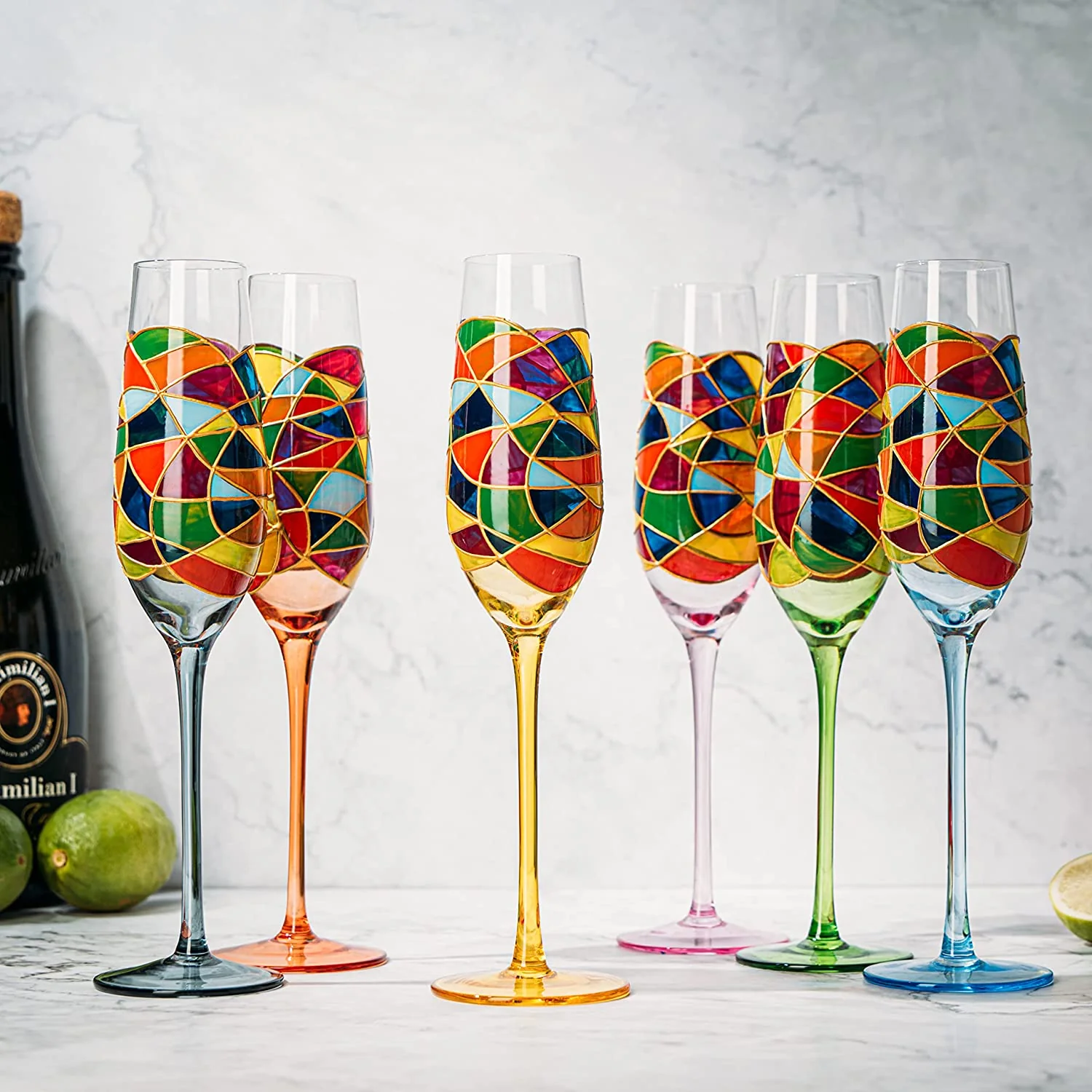 Stained Glass Champagne Flutes Set of 6 Hand Painted - Keen Glass Solutions