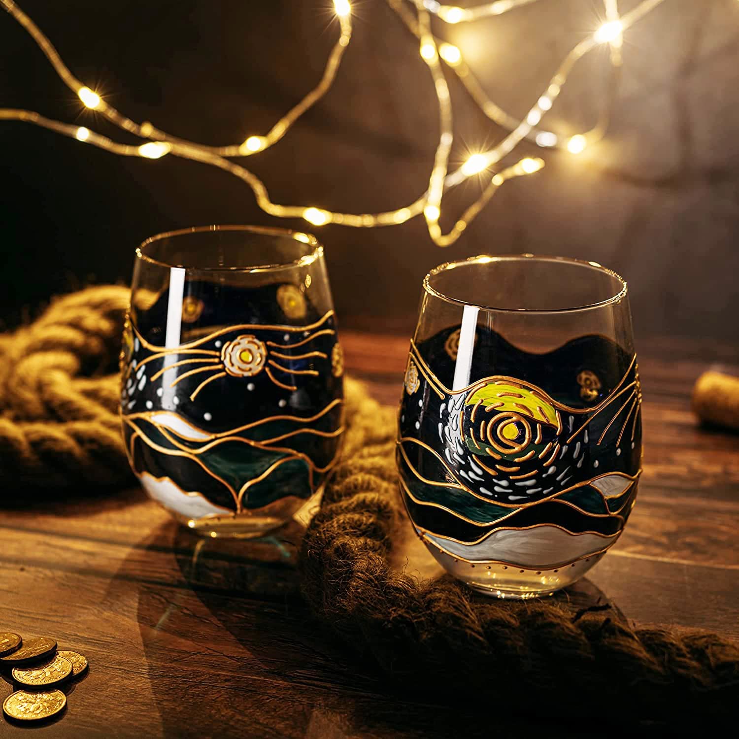 Vincent Van Gogh Wine Glasses Artisanal Hand Painted Stemless Set of 2 - Keen Glass Solutions