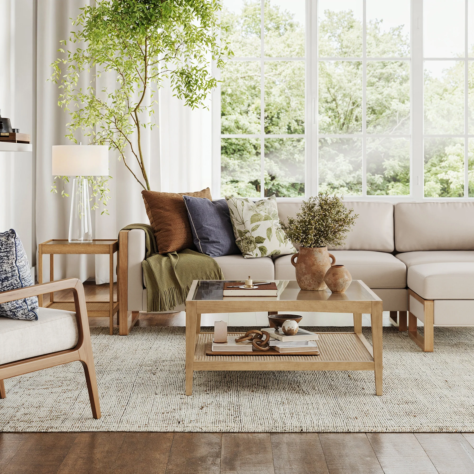 Glass Coffee Table & End Table Set with Rattan Shelf - Keen Glass Solutions