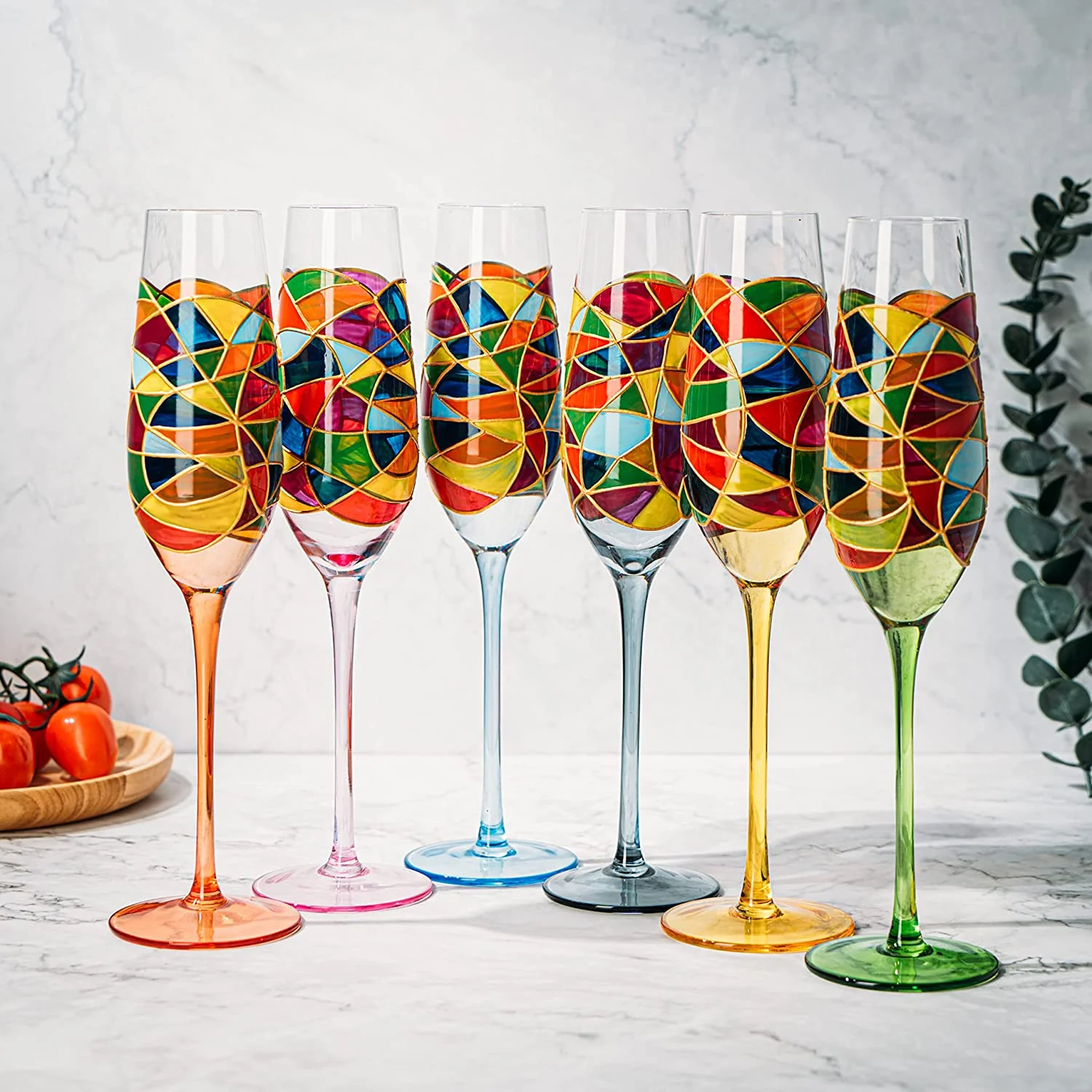 Stained Glass Champagne Flutes Set of 6 Hand Painted - Keen Glass Solutions