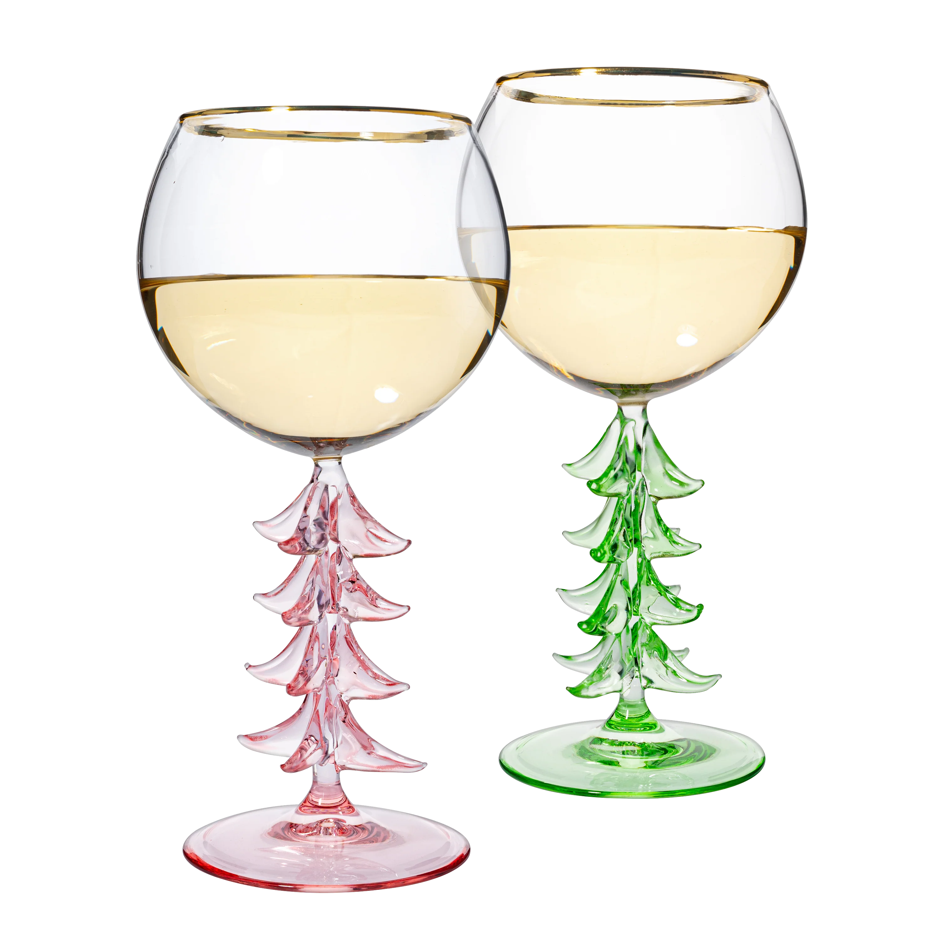 Crystal Christmas Holiday Tree Stemmed Wine Glass - Pink & Green - 12oz - Keen Glass Solutions