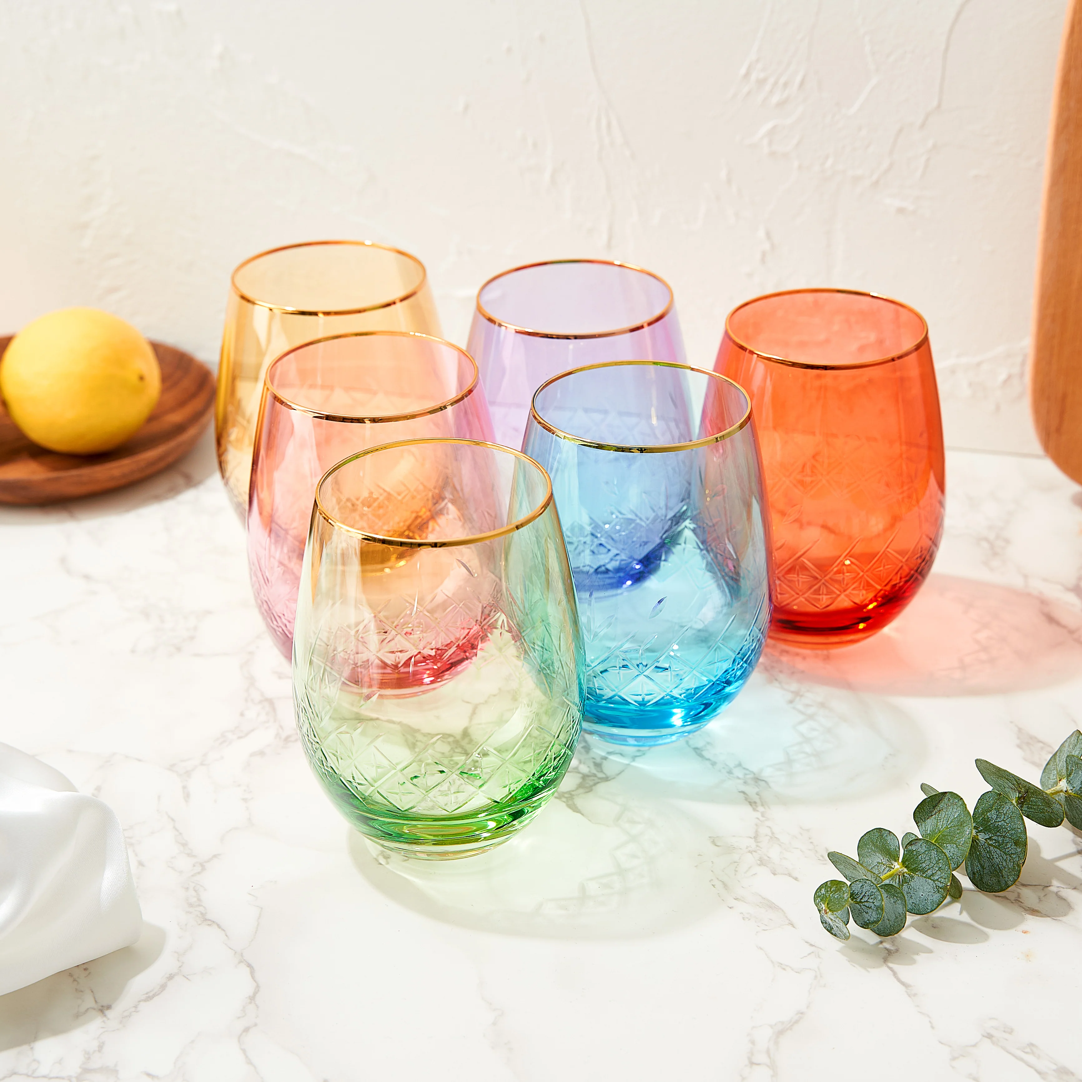 Vintage Crystal Colored Wine Gold Rim Glasses | Set of 6 - Keen Glass Solutions