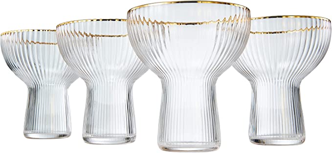 Ribbed Stemless Margarita Glasses with Gold Rim - Set of 4 (10 OZ) - Keen Glass Solutions