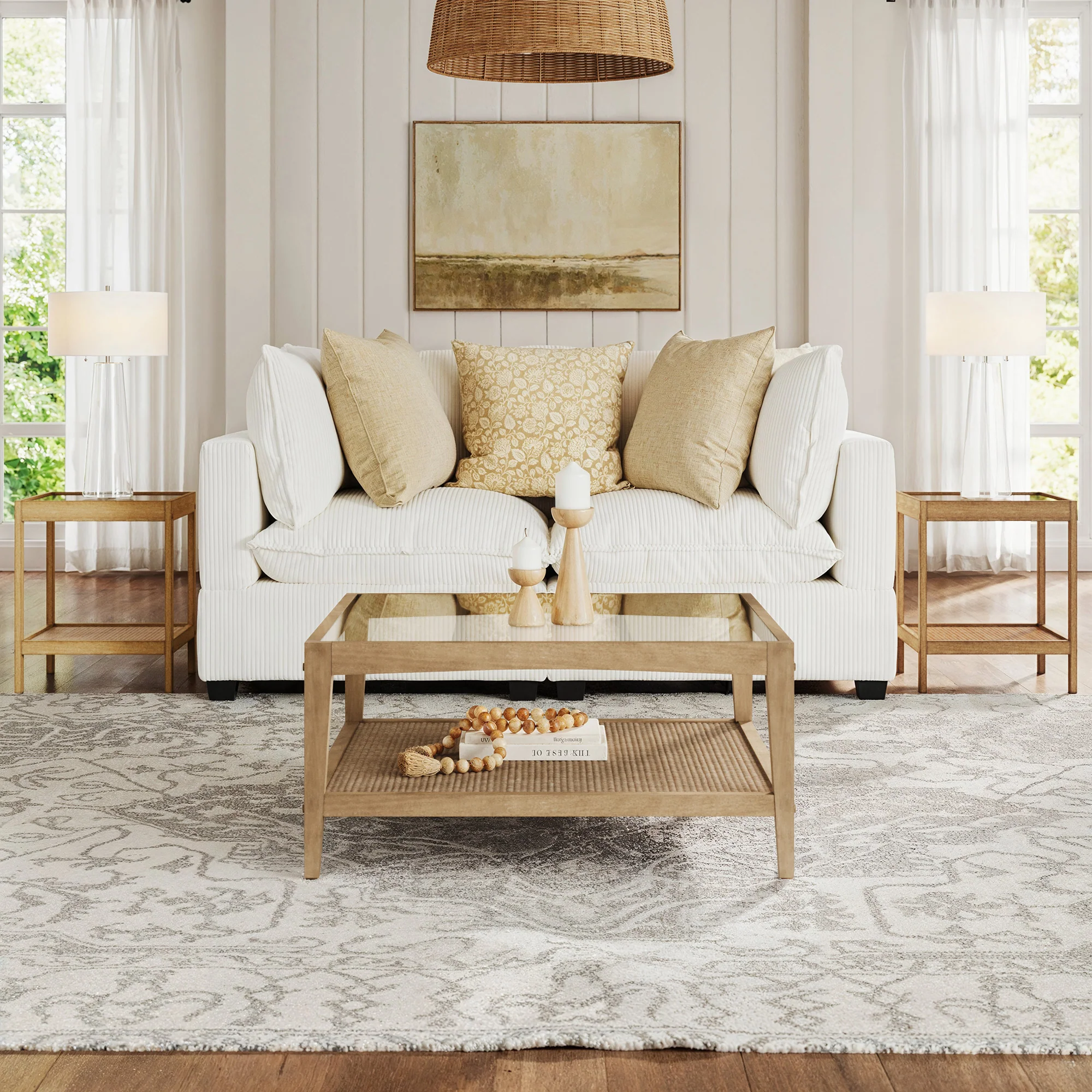 Glass 3-Piece Coffee Table Living Room Set with Rattan Shelf - Keen Glass Solutions