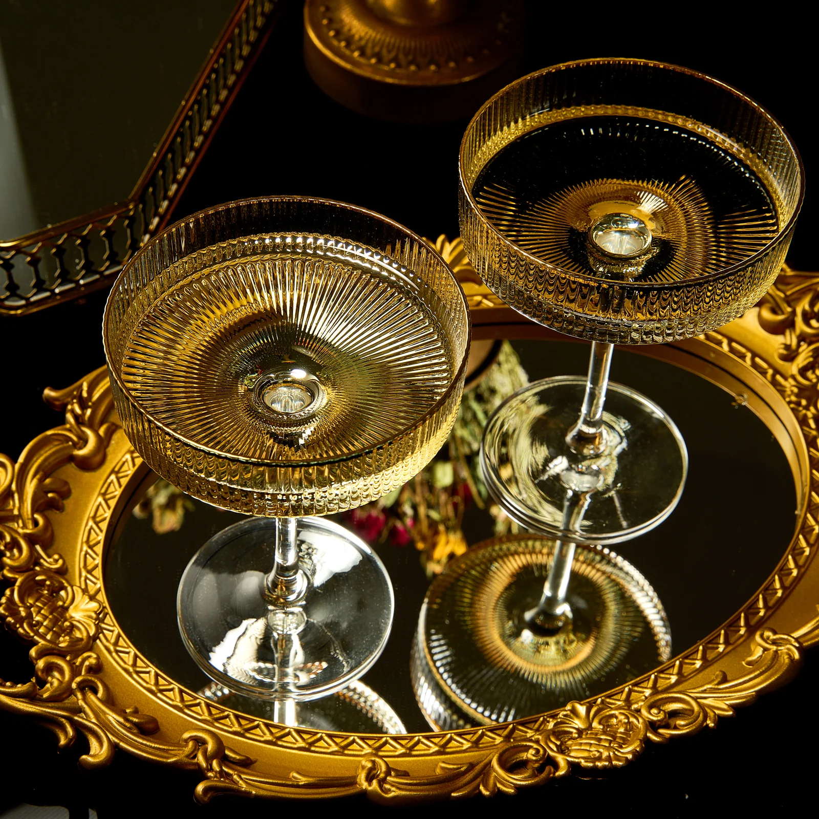 Ribbed Coupe Cocktail Glasses With Gold Rim 8 oz | Set of 2 - Keen Glass Solutions