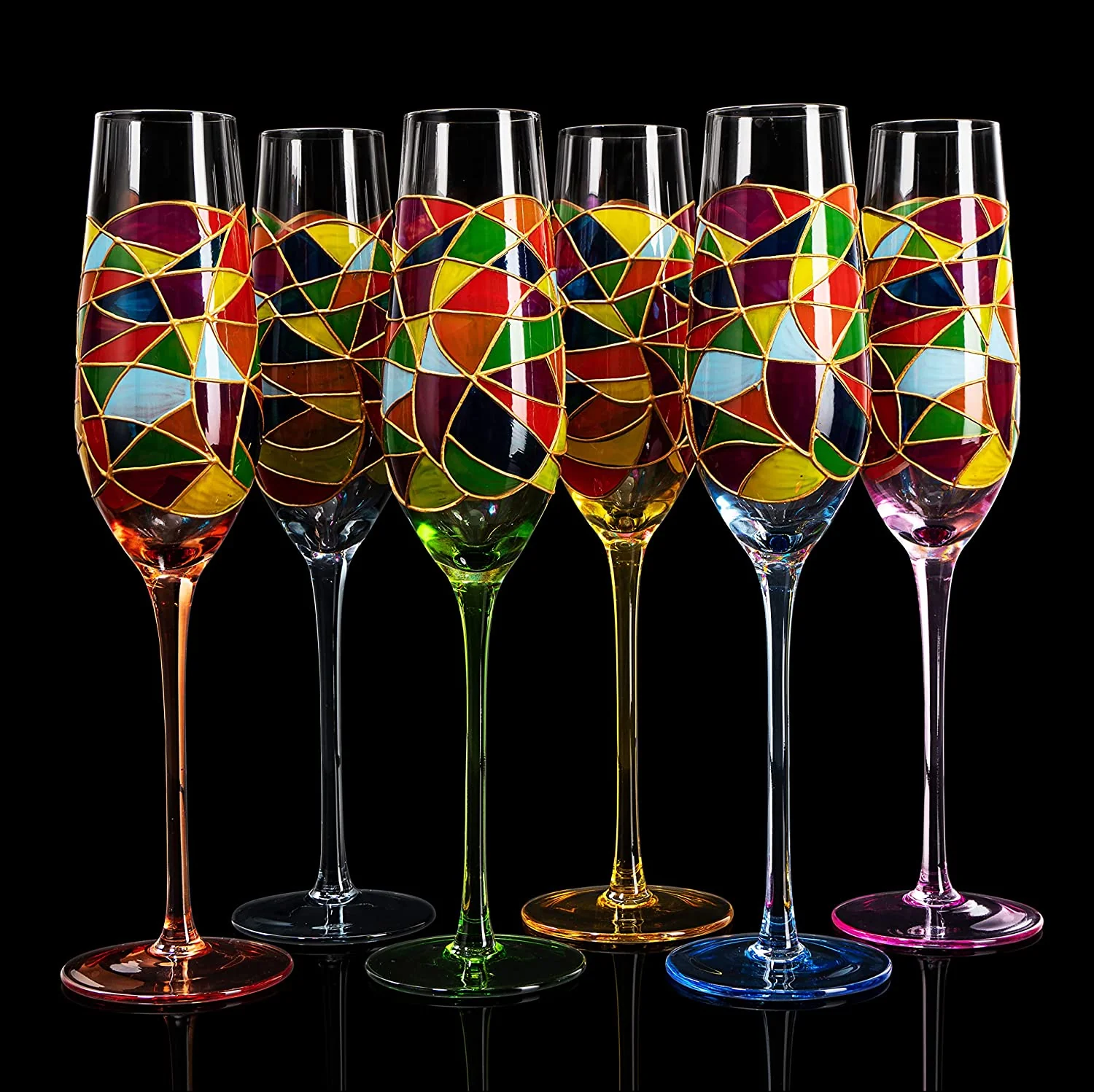 Stained Glass Champagne Flutes Set of 6 Hand Painted - Keen Glass Solutions