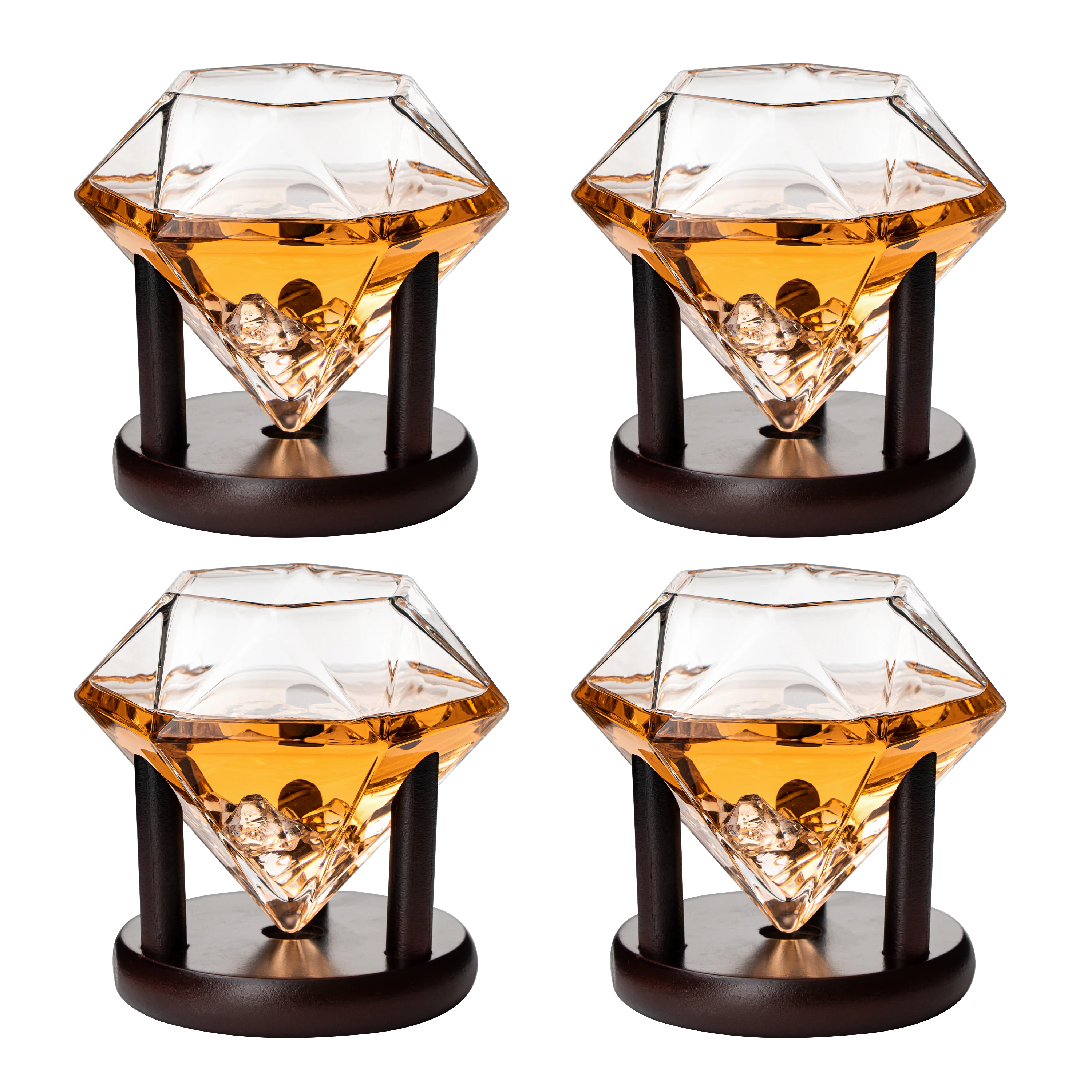 Set of 4 Diamond Whiskey & Wine Glasses With Wood Stands 10oz - Keen Glass Solutions