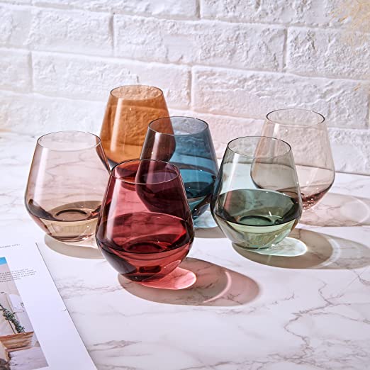 Colored Stemless Crystal Wine Glass Set of 6 - Large 16 oz (Pastel) - Keen Glass Solutions