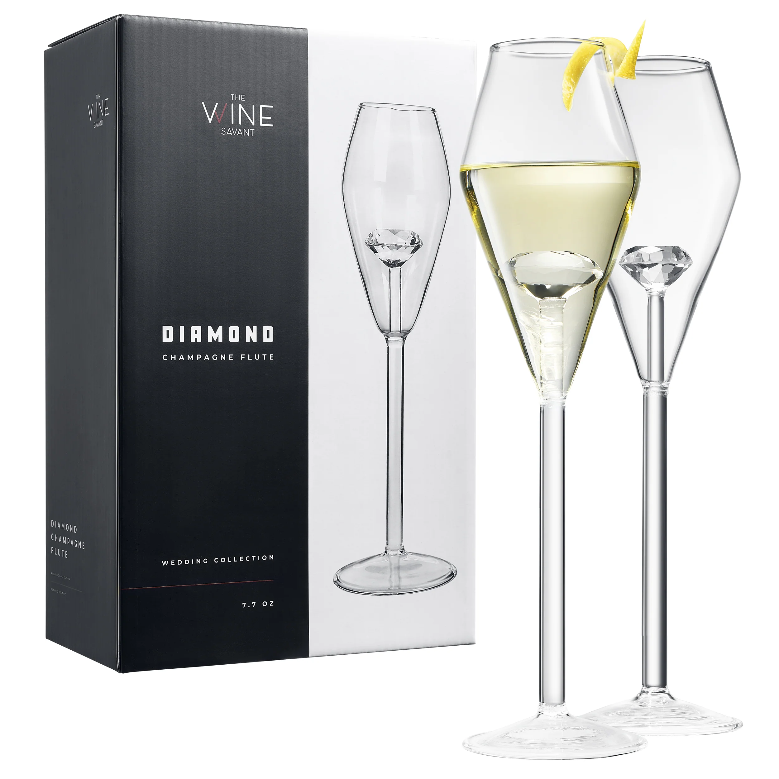 Champagne Flute Glassware | Set of 2, 7.8 OZ | Diamond Stemmed Glass - Keen Glass Solutions
